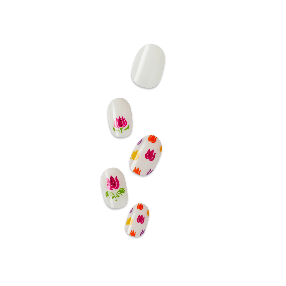 Set of five white press-on nails with a mix of designs: solid white, pink tulip with green stem, and multicolored tulips in orange, yellow, purple, and pink.