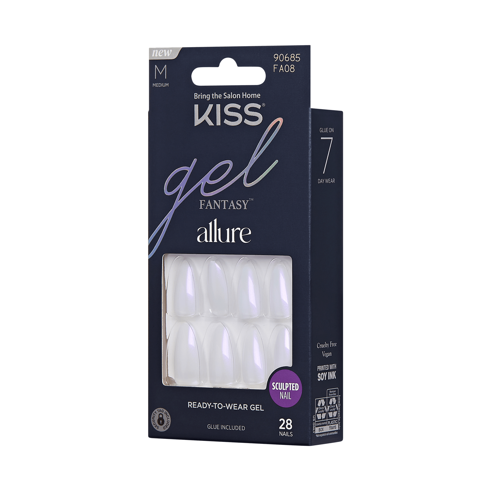 KISS Gel Fantasy Allure press-on nails in medium size, pearlescent white sculpted nails, packaged with glue included for 7-day wear.