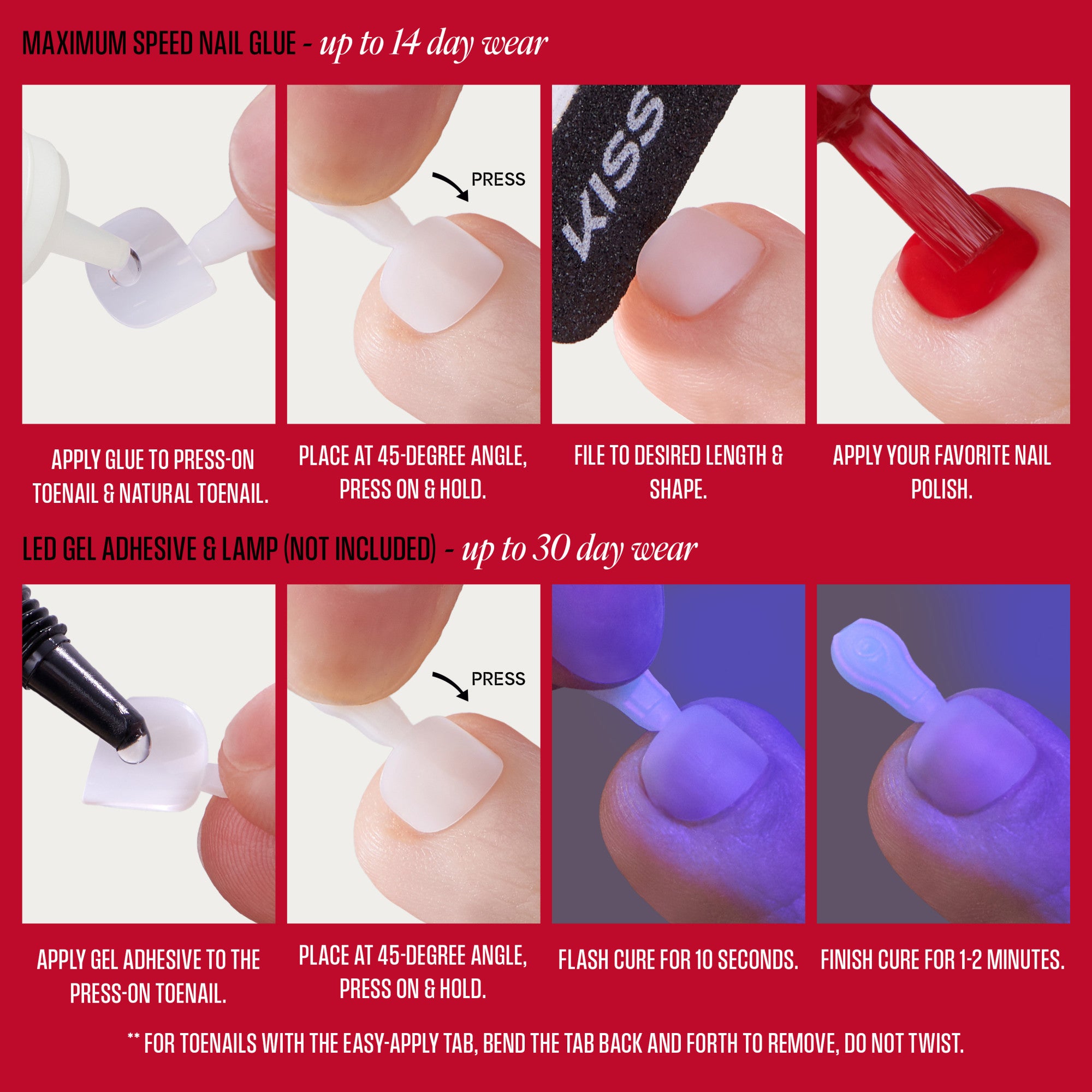 Press-on nail application guide for Maximum Speed Nail Glue and LED Gel Adhesive with instructions.