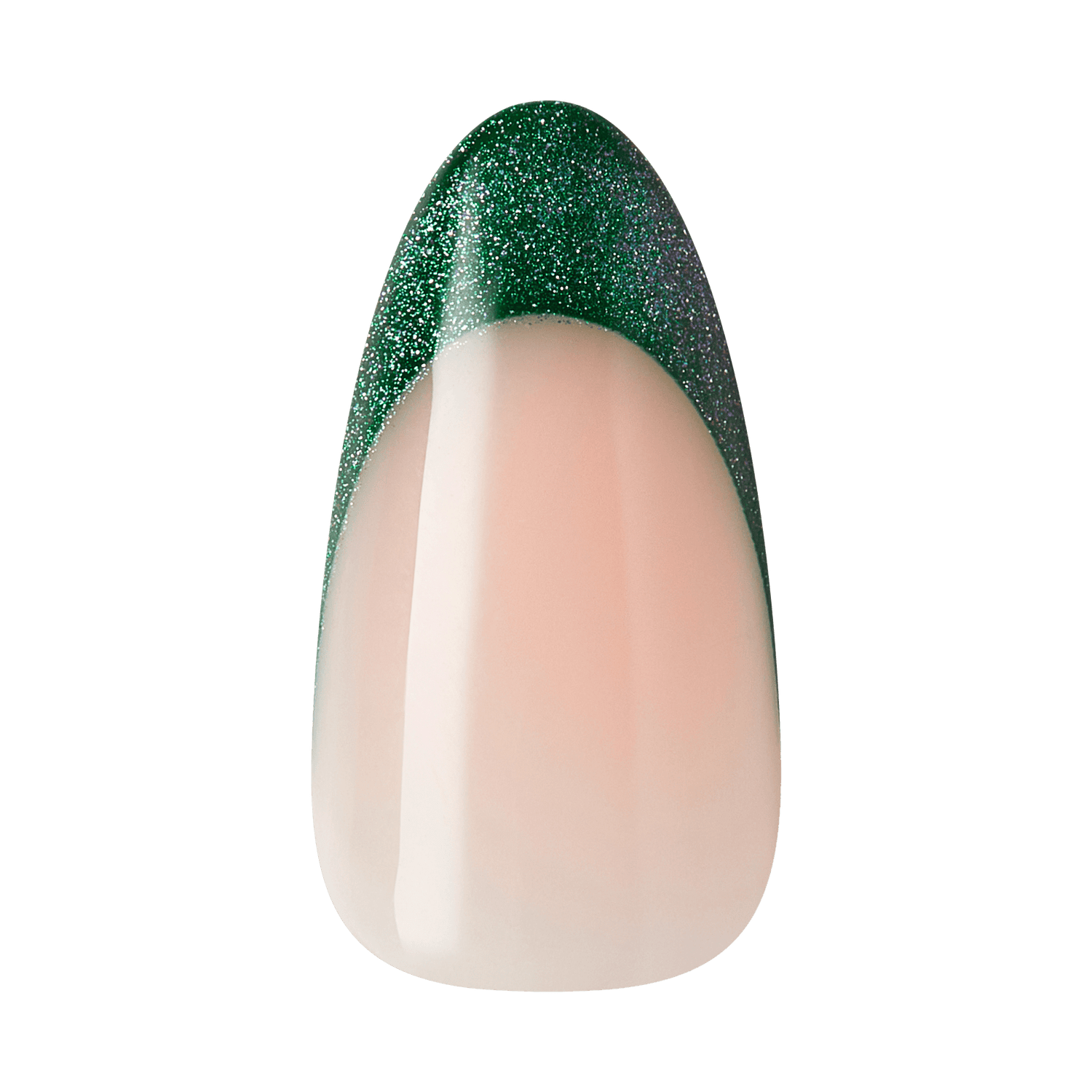 Almond-shaped nail with nude base and green glitter tip design