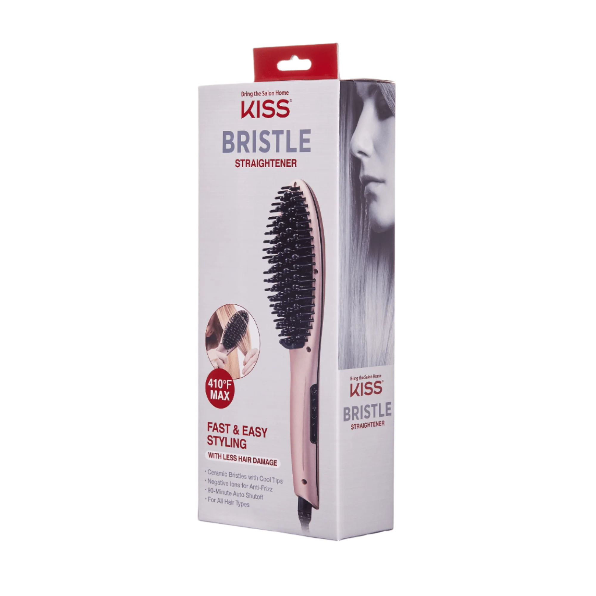 Packaging of KISS Bristle Straightener Heat Brush in pink and black, highlighting fast, easy styling with less hair damage and a max temperature of 410°F.