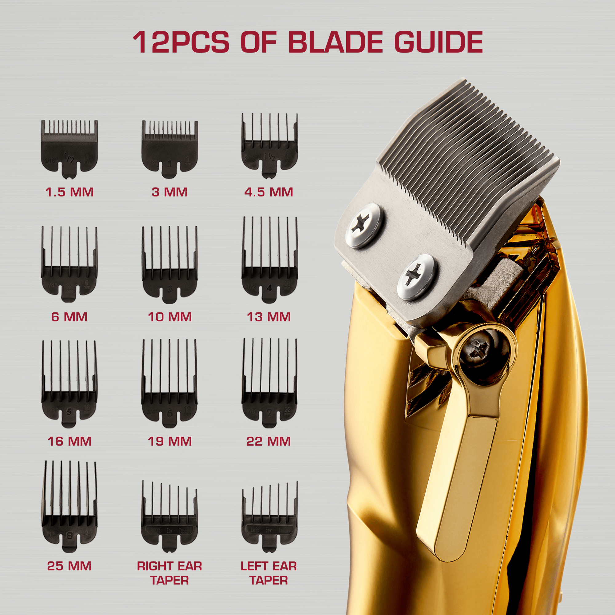 Cordless gold hair clipper with close-up on metal blades, alongside 12 black plastic blade guides labeled by sizes 1.5 mm to 25 mm plus right and left ear tapers.