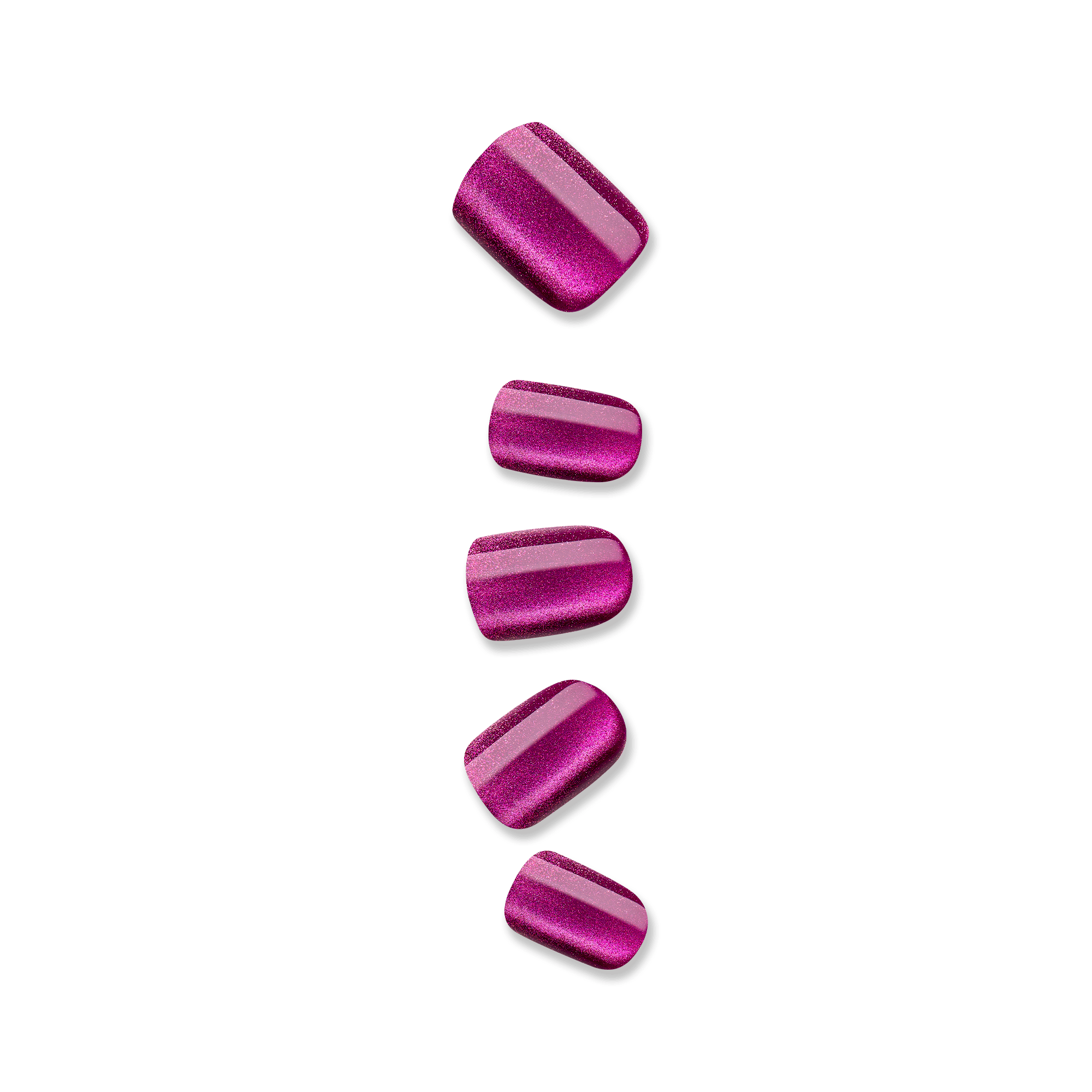 Five metallic fuchsia press-on nails in various sizes displayed vertically with a glossy, shimmering finish and squared rounded tips.