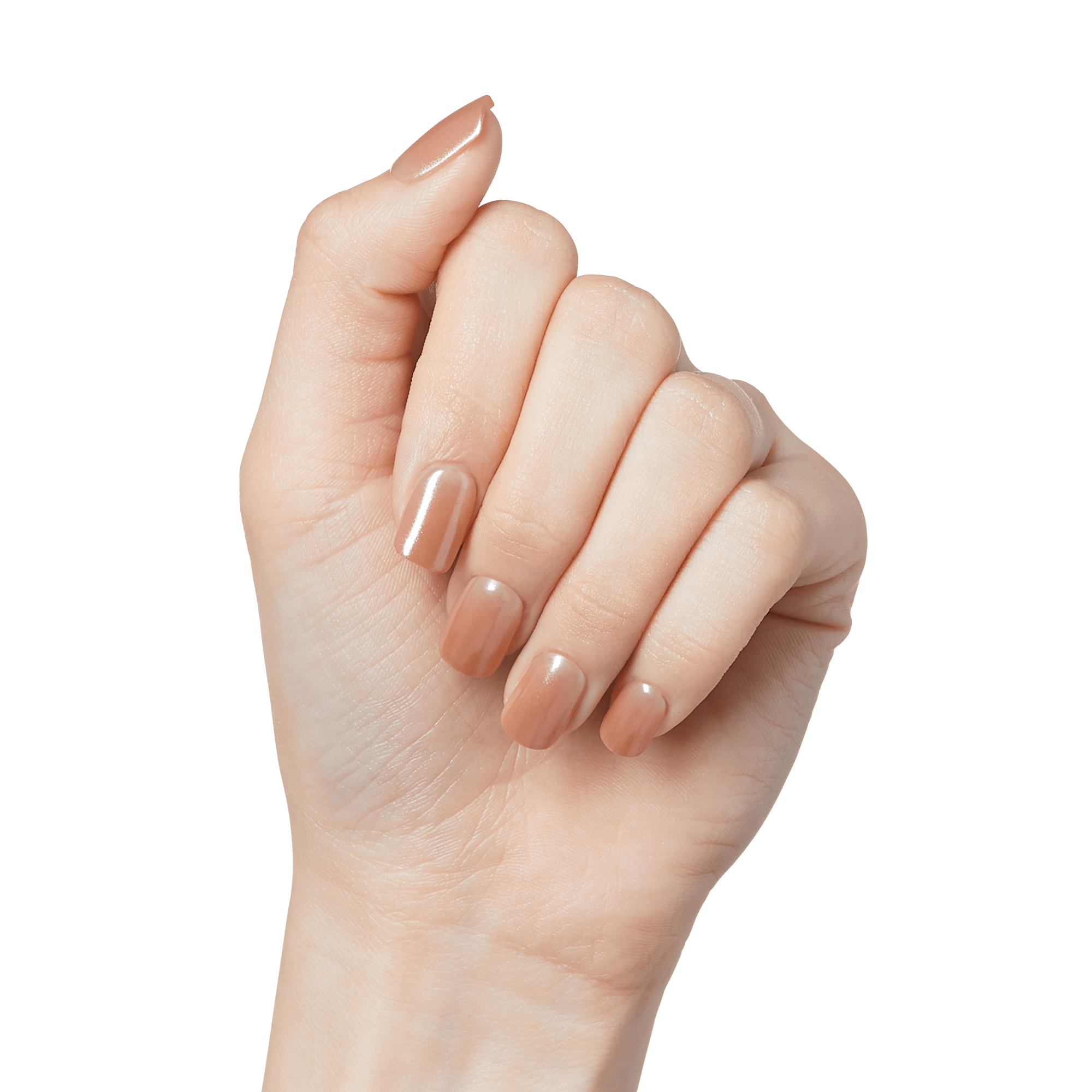 Hand with press-on nails in a glossy muted peachy nude shade, shown from the back with fingers gently curled.