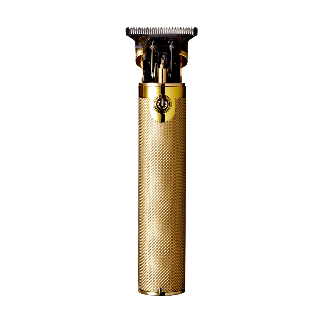 Sleek gold-colored cordless trimmer with textured grip and black precision blade at the top, featuring a circular power button near the top center.