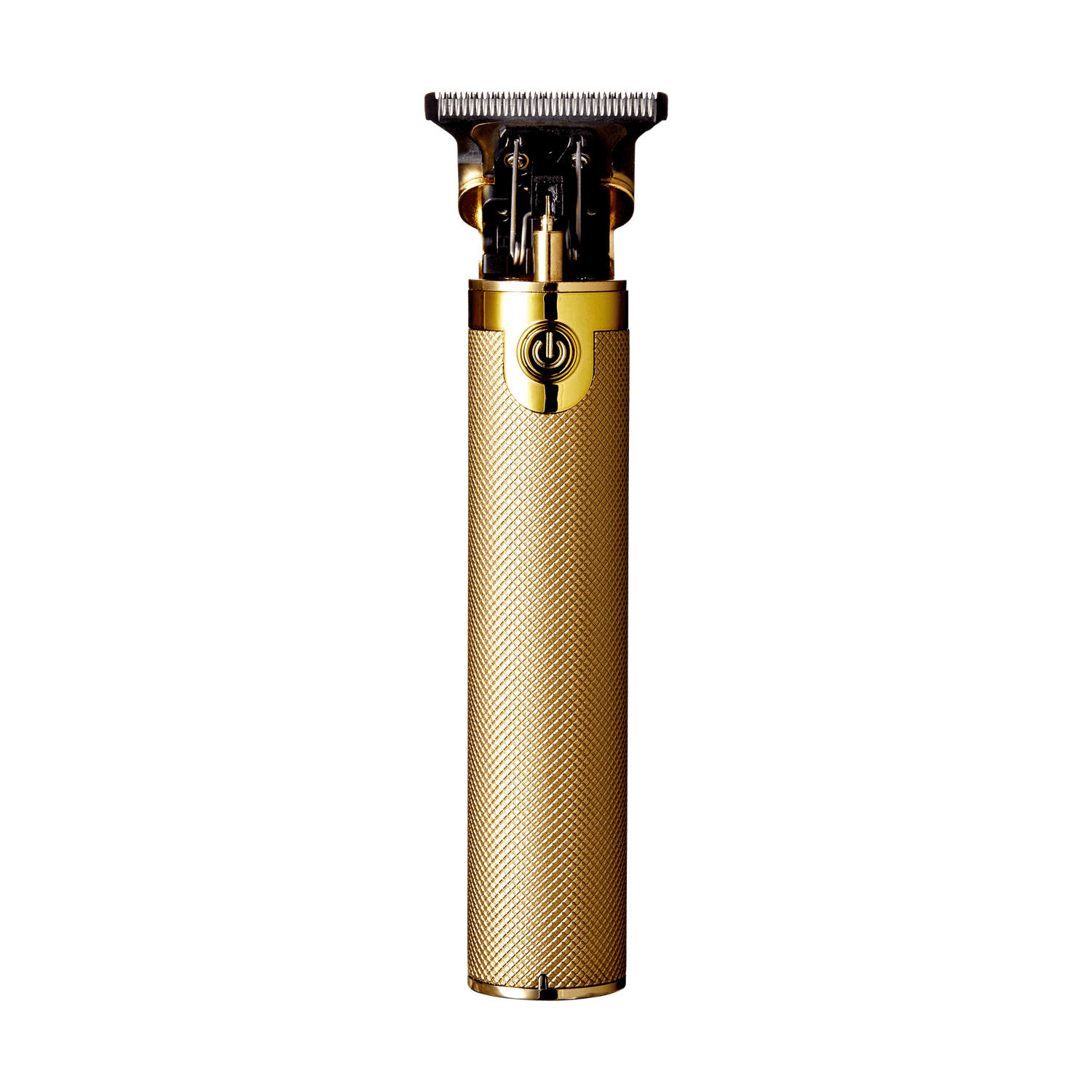 Sleek gold-colored cordless trimmer with textured grip and black precision blade at the top, featuring a circular power button near the top center.