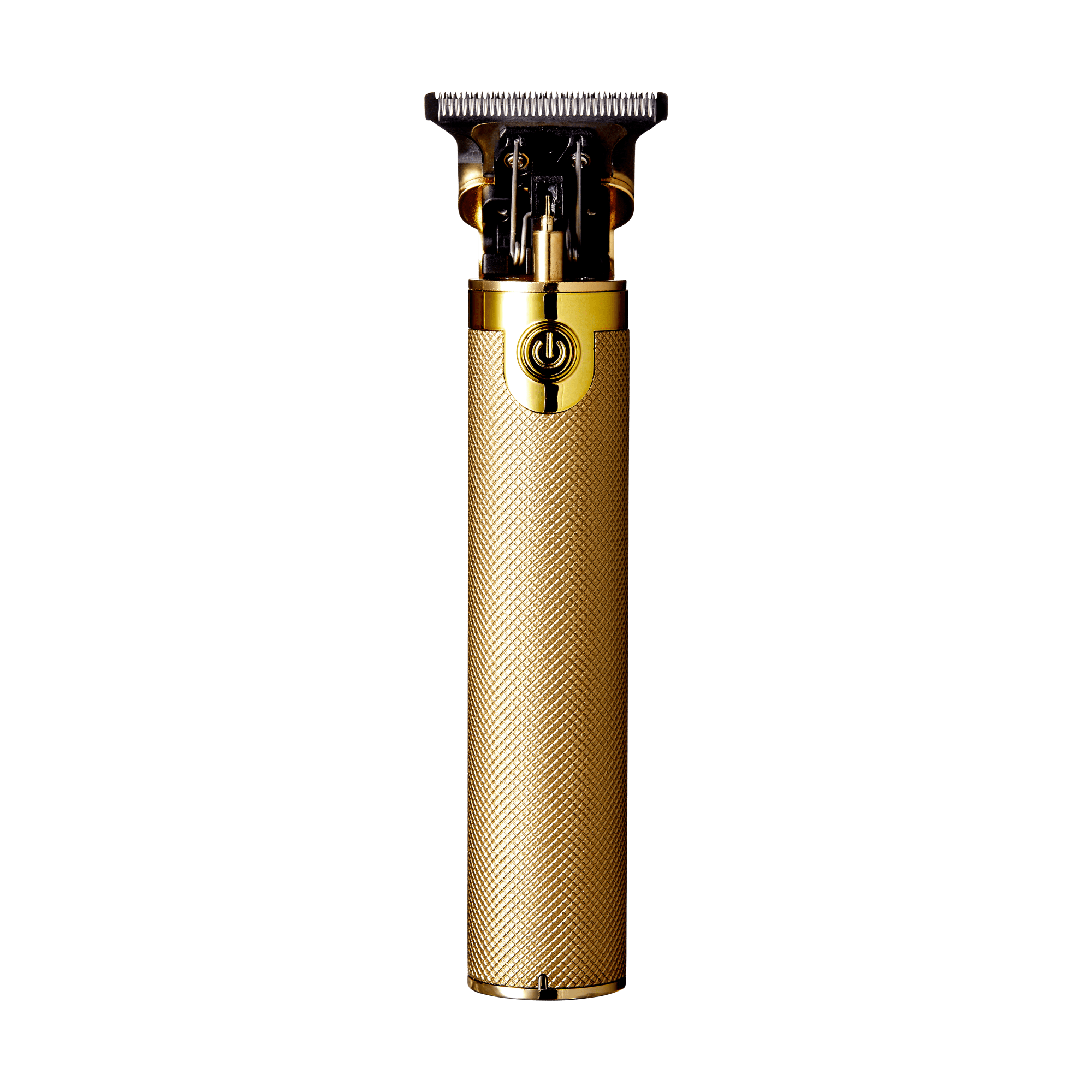 Sleek gold-colored cordless trimmer with textured grip and black precision blade at the top, featuring a circular power button near the top center.