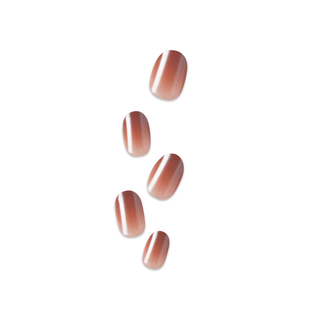 Set of five press-on nails in a glossy, gradient rose gold shade, shown individually against a transparent background.