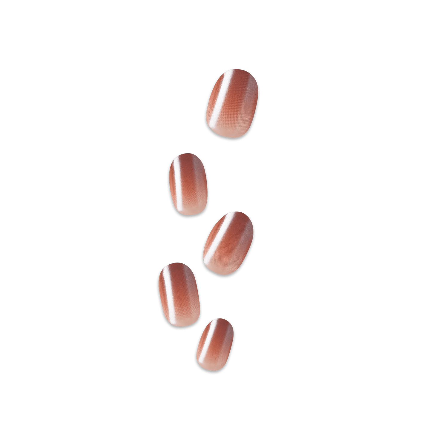 Set of five press-on nails in a glossy, gradient rose gold shade, shown individually against a transparent background.