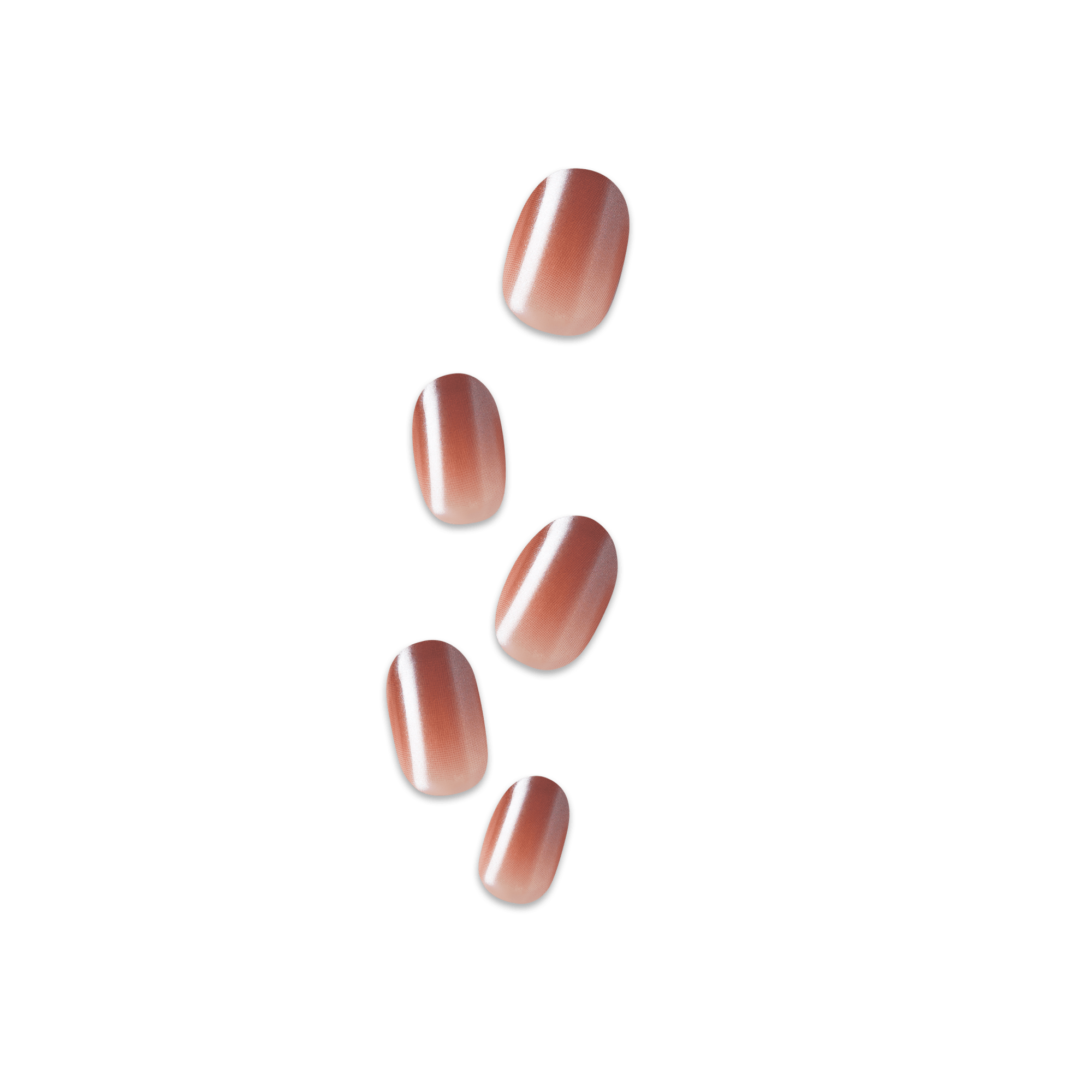Set of five press-on nails in a glossy, gradient rose gold shade, shown individually against a transparent background.