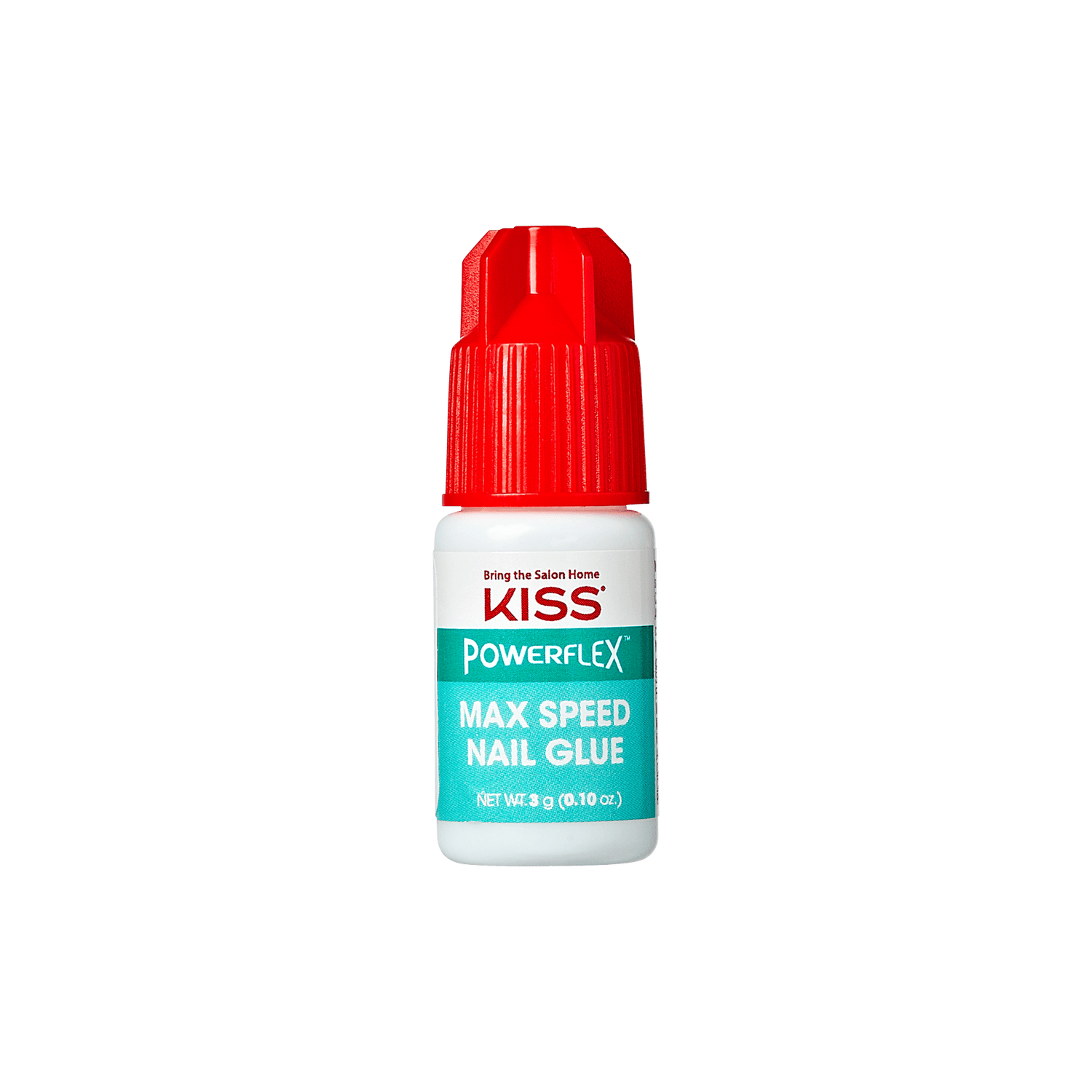 Small white plastic bottle of KISS PowerFlex Max Speed Nail Glue with a bright red cap. The teal label reads \