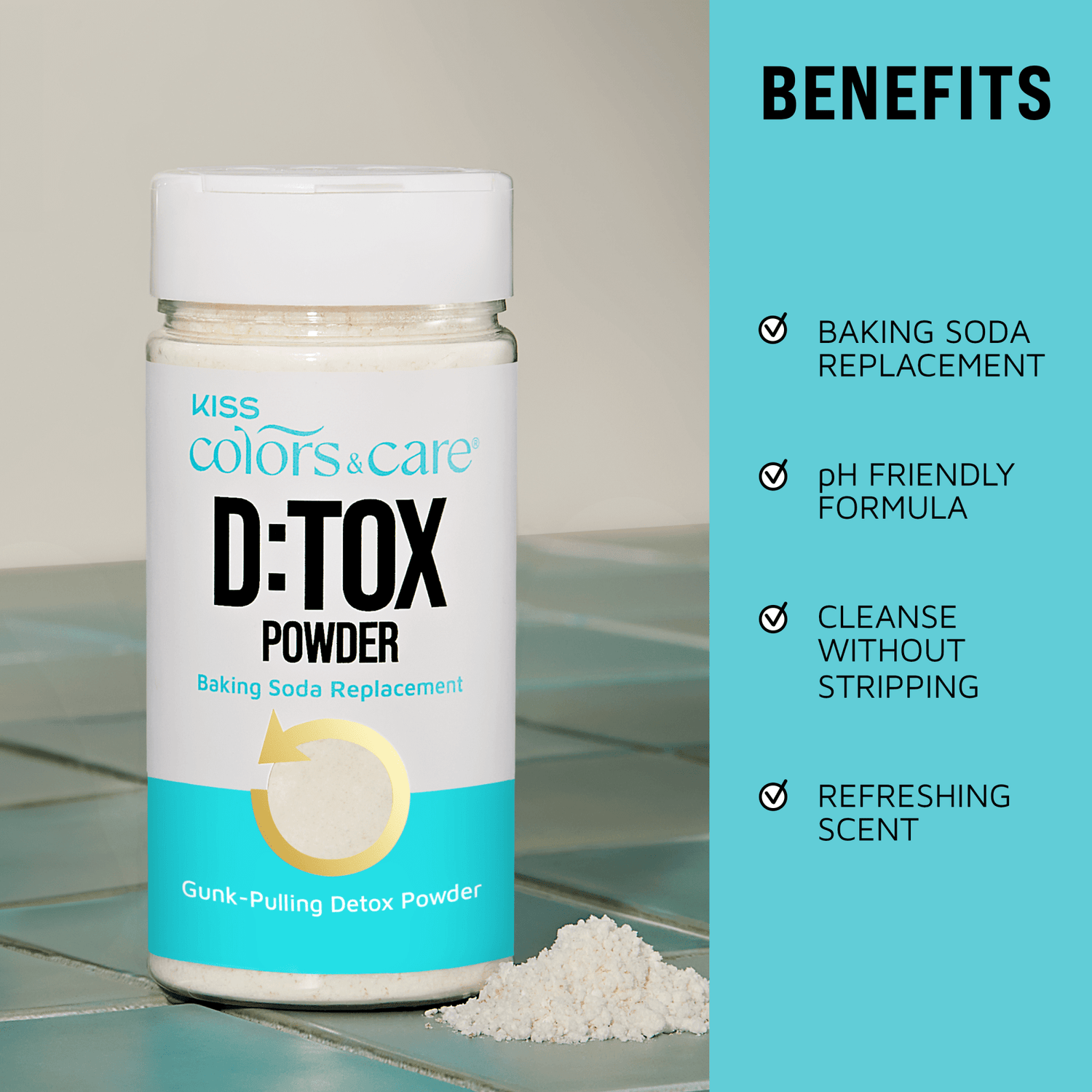 Kiss Colors &amp; Care D:TOX Powder container with benefits listed on a teal background