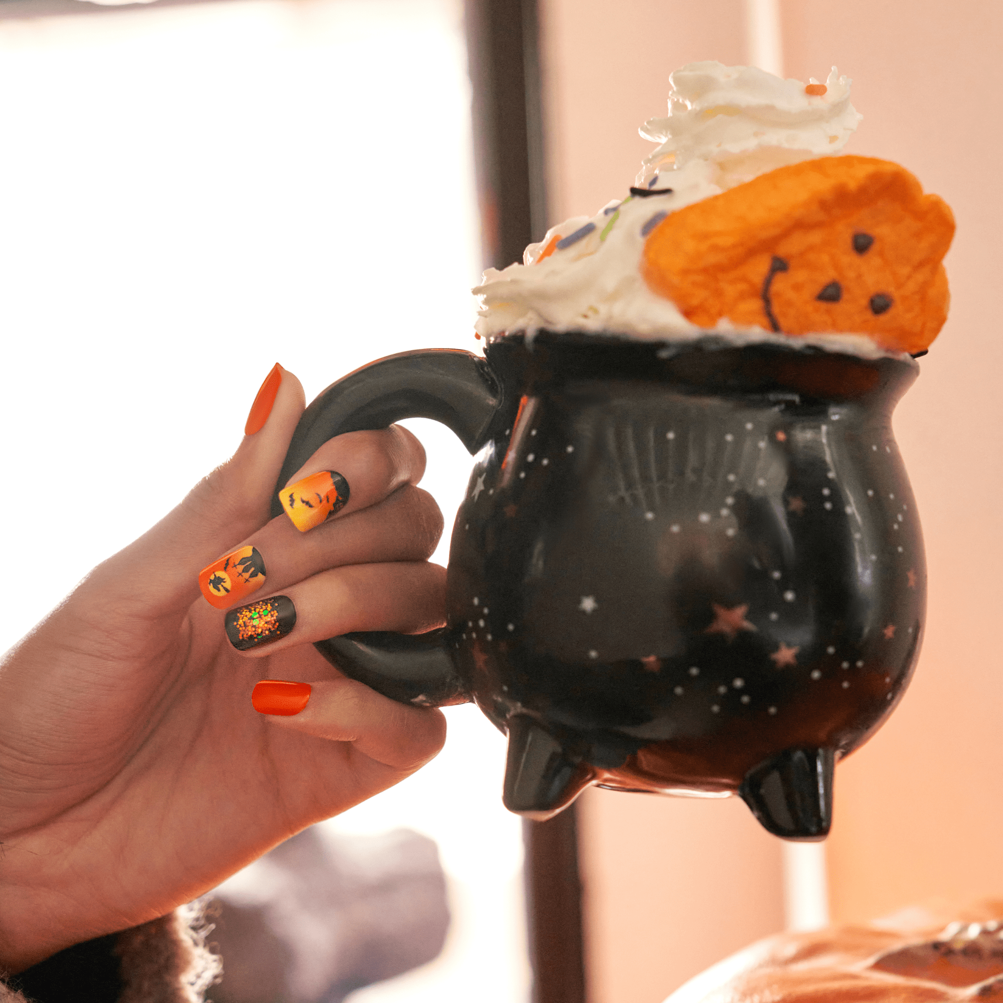 Impress Design Halloween No Glue Fake Press On Nails - Eternal Night | Design, Orange &amp; Black, Short, Squoval, Glow In The Dark, Manicure