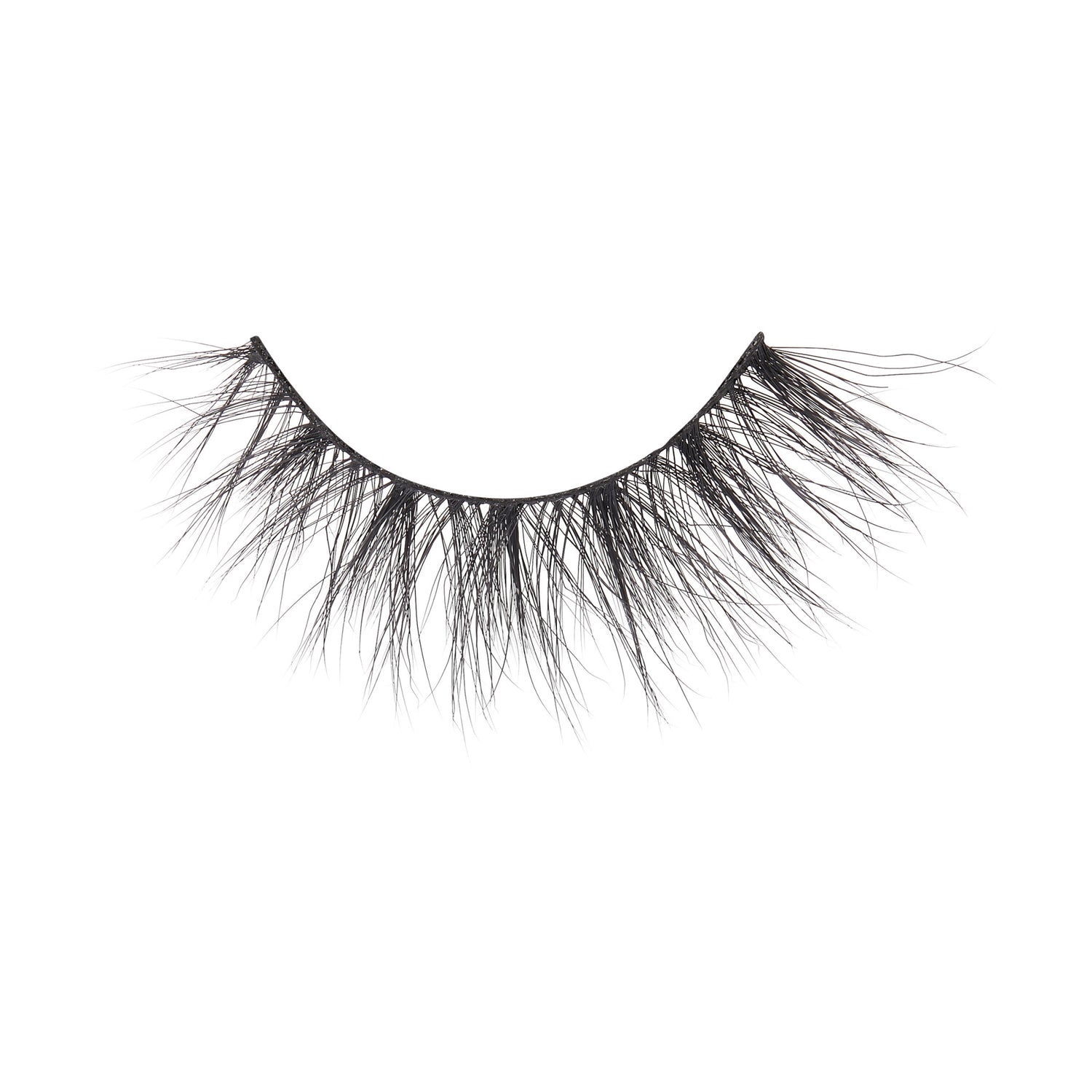 Single black false eyelash with a wispy, spiky design and varying lengths on a white background, no packaging or text visible.
