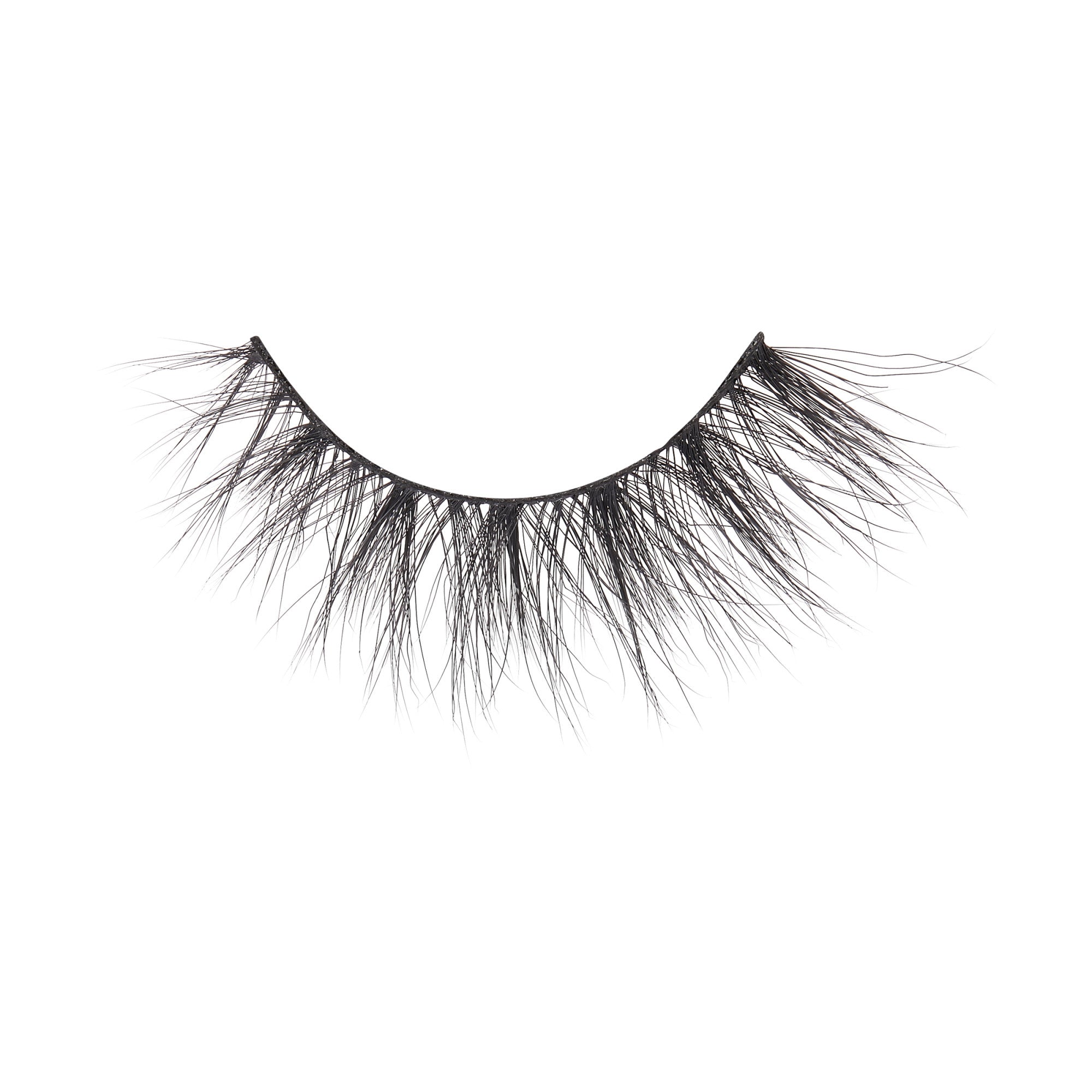 Single black false eyelash with a wispy, spiky design and varying lengths on a white background, no packaging or text visible.