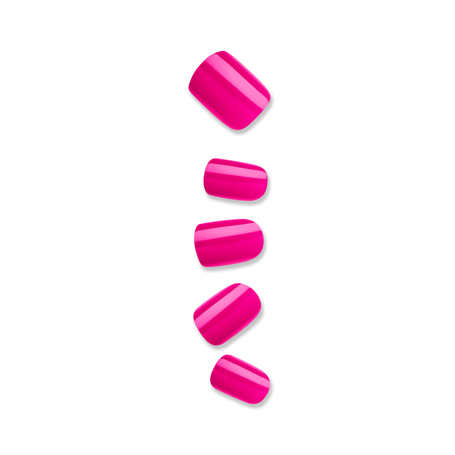 Bright pink glossy press-on nails in five sizes arranged vertically on a plain background, showcasing the All Smiles design.