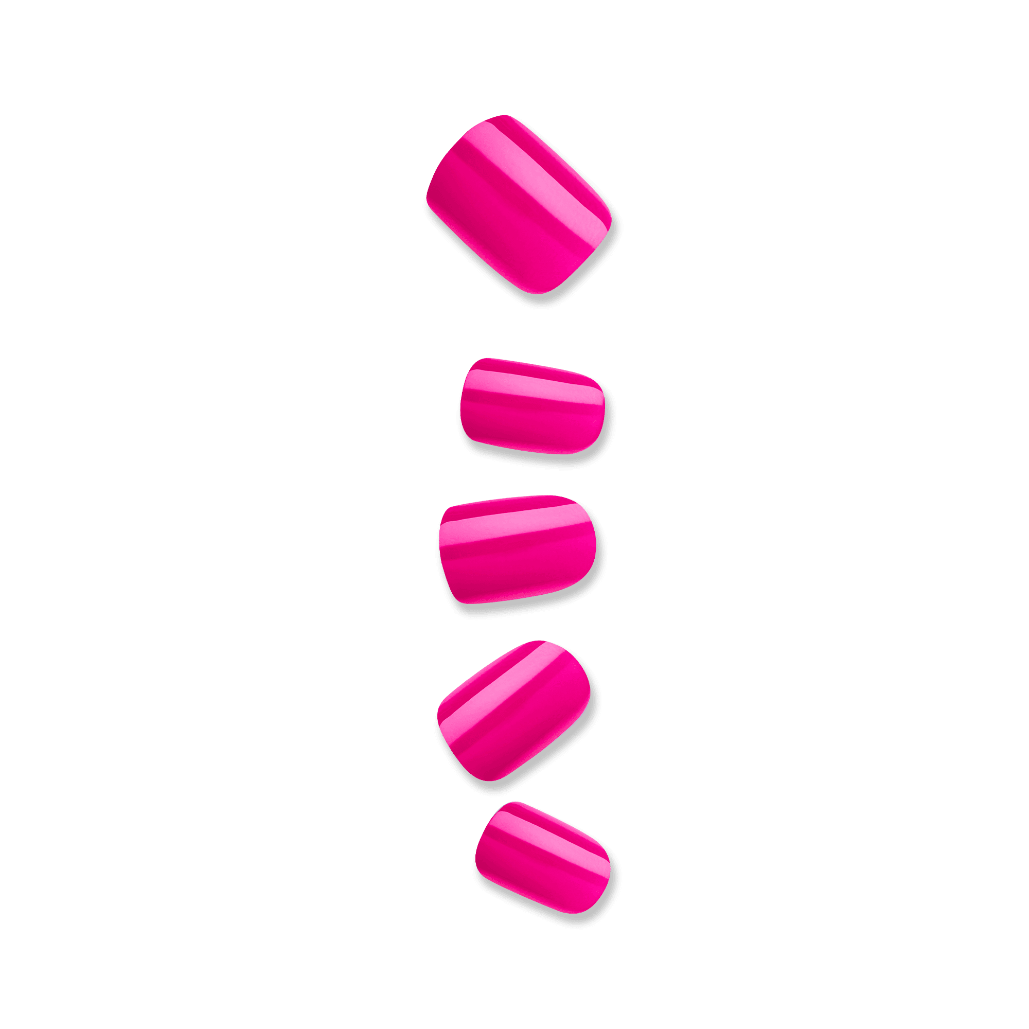 Bright pink glossy press-on nails in five sizes arranged vertically on a plain background, showcasing the All Smiles design.