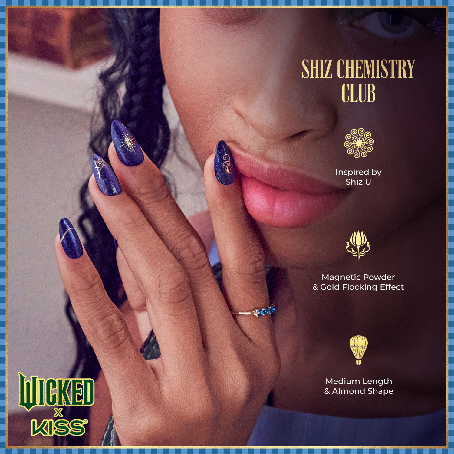 Close-up of a woman’s hand with medium-length almond-shaped nails painted deep purple with gold magnetic powder and flocking effect, holding her face near her lips.