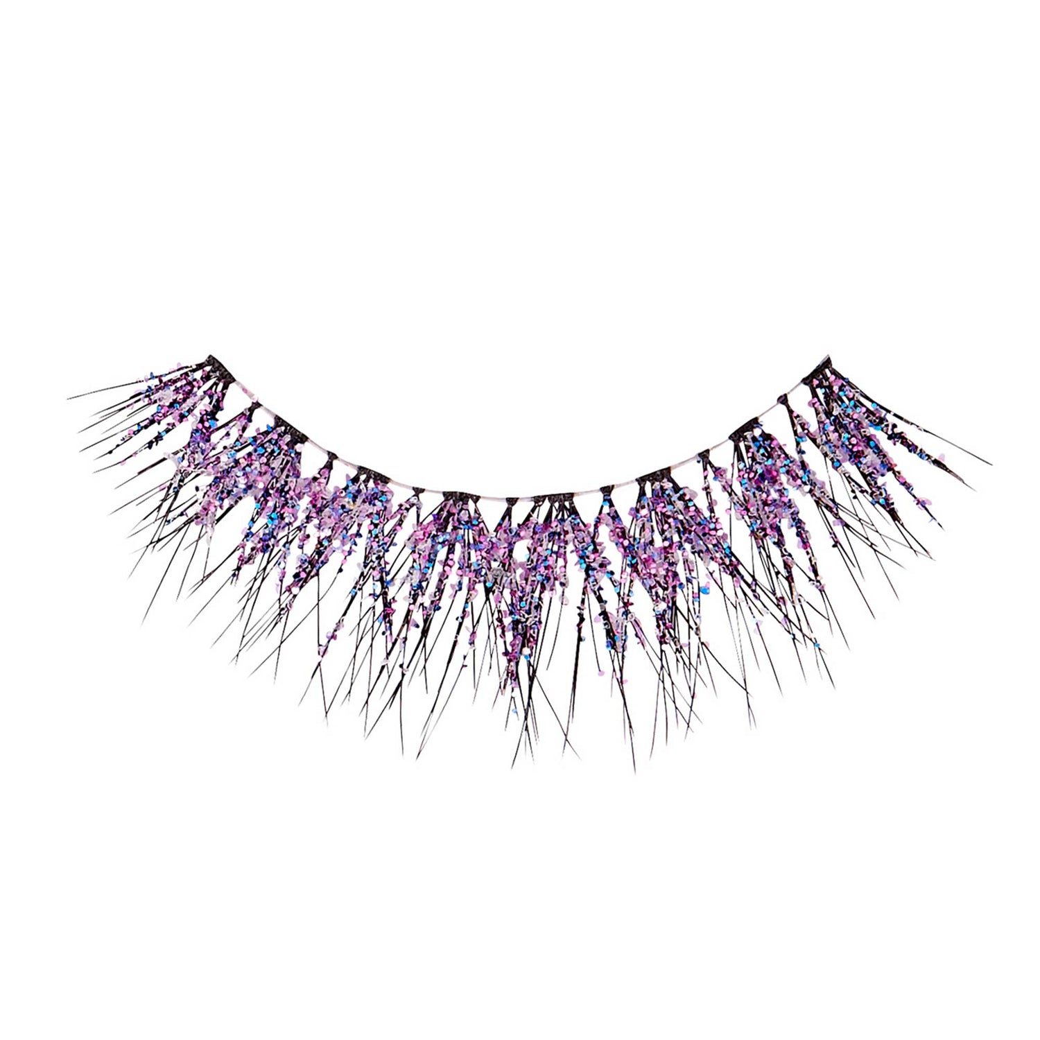 Single false eyelash with long, spiky black strands adorned with pink and iridescent blue glitter, shown on a white background.