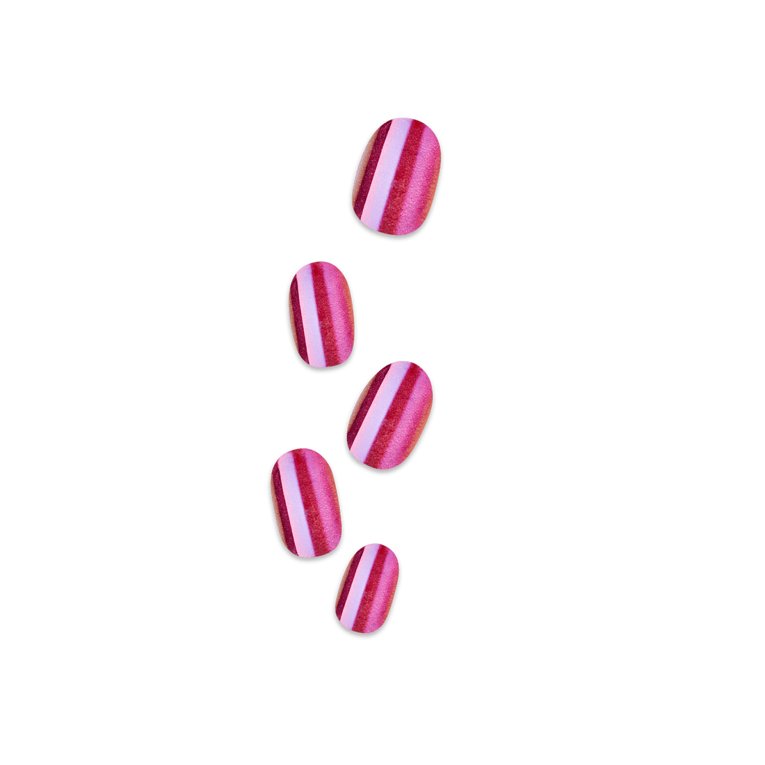 Shiny press-on nails with a striped design in shades of pink, red, and white, shown in a vertical arrangement on a plain background.