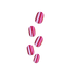 Shiny press-on nails with a striped design in shades of pink, red, and white, shown in a vertical arrangement on a plain background.