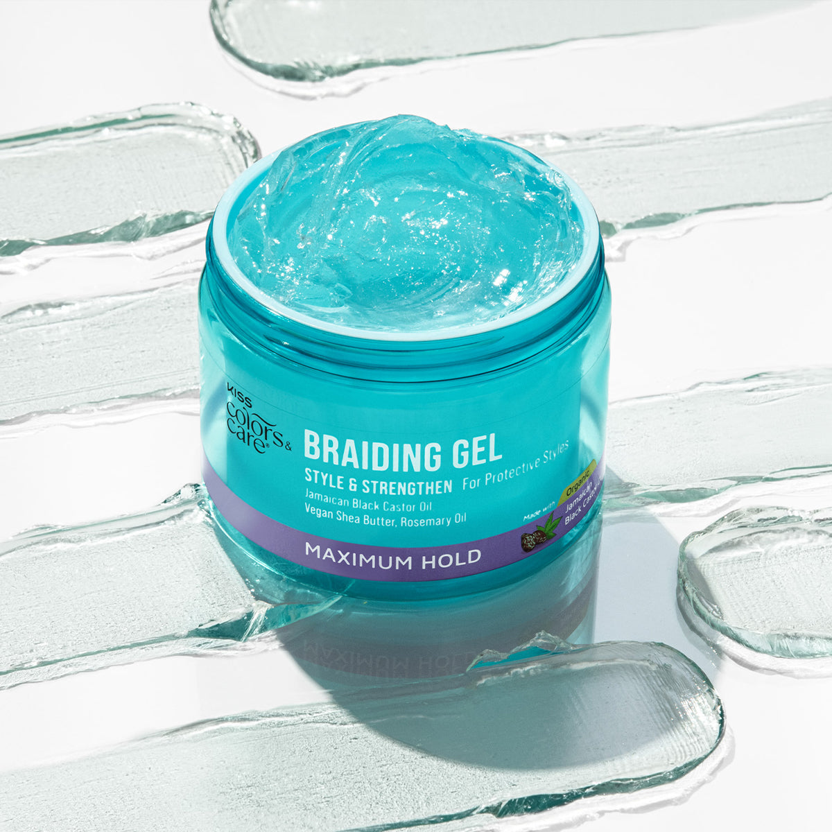 Bright turquoise jar of Kiss Colors &amp; Care Braiding Gel with clear gel inside, labeled for style, strength, and maximum hold with natural oils.