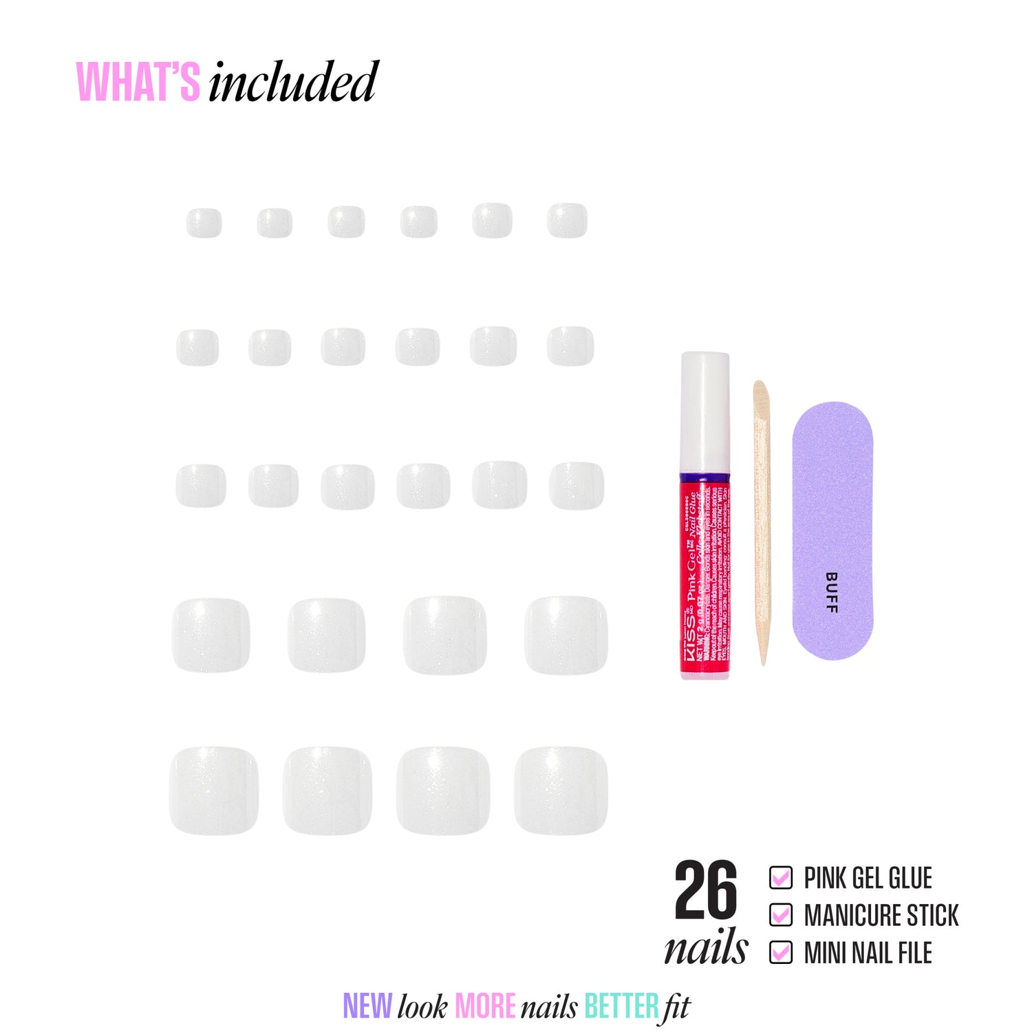 26 gel nail tips with pink gel glue, manicure stick, and mini nail file included.