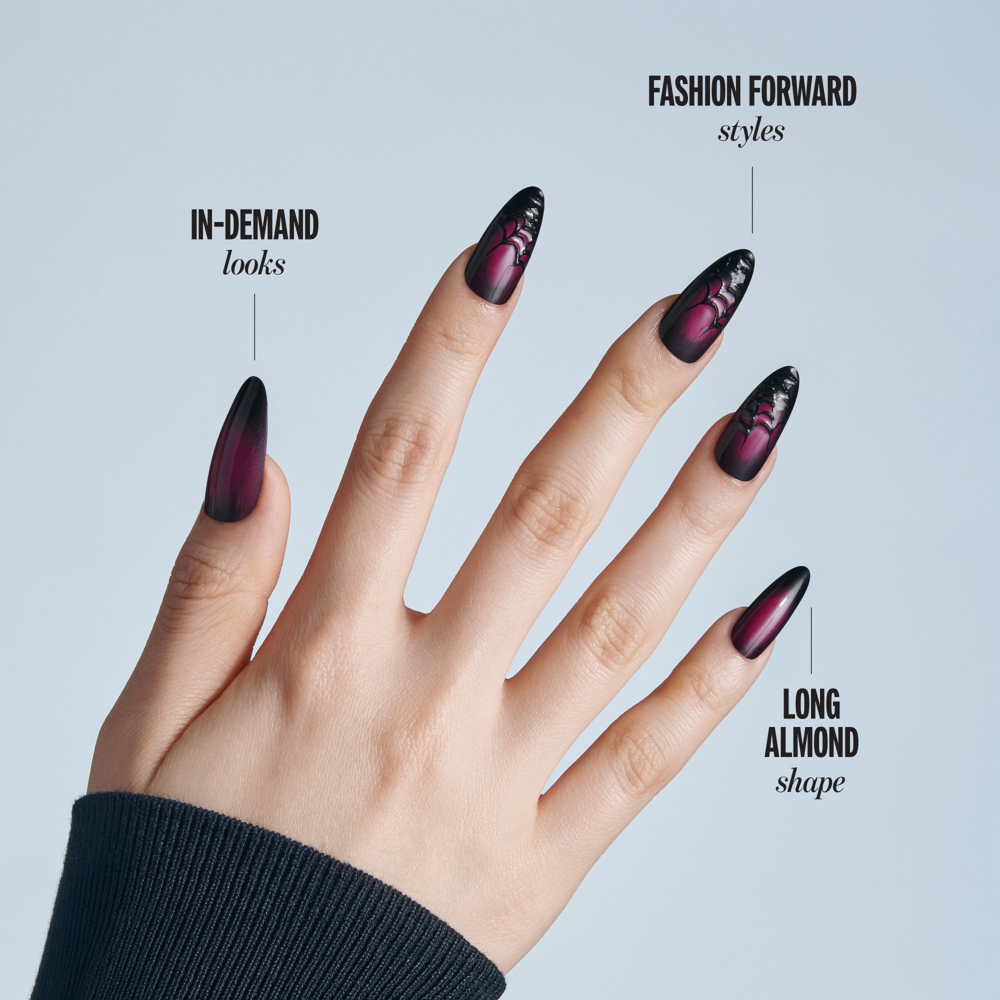 Kiss Haunt Halloween Press On Fake Glue Nails - Ghoulfriend | Design, Black &amp; Red, Long, Almond