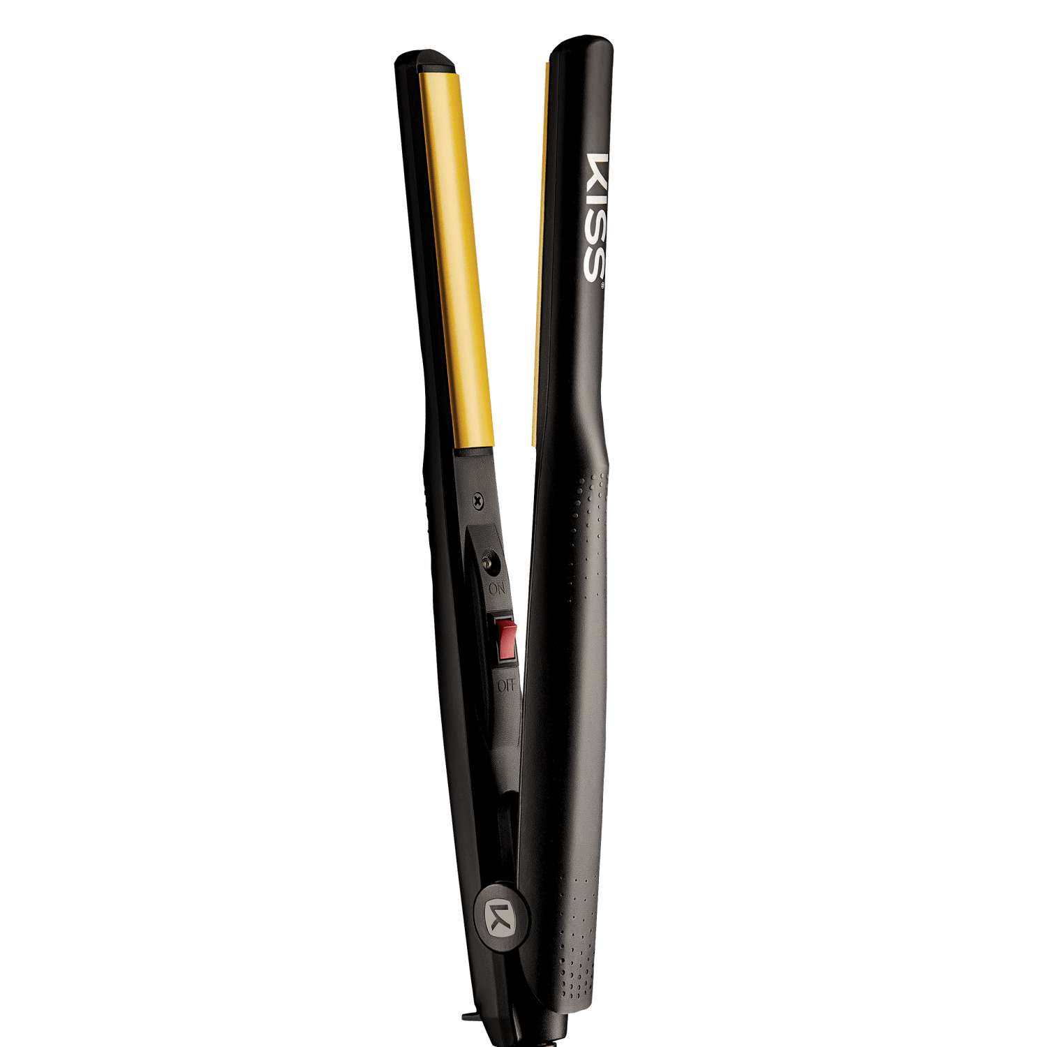 Black and gold KISS Tourmaline Ceramic Flat Iron, 1/2 inch plates, shown open with on/off switch visible, sleek ergonomic design.