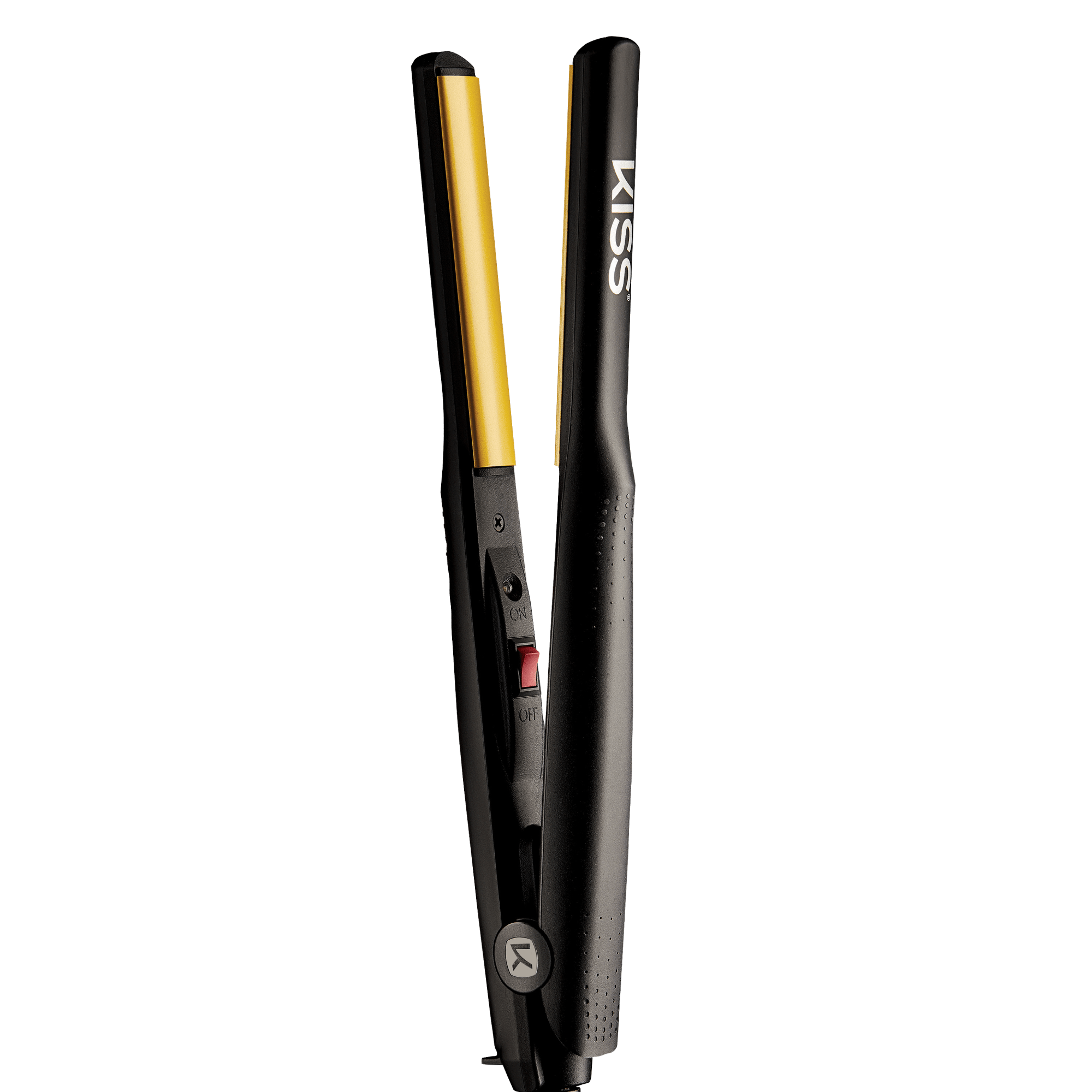 Black and gold KISS Tourmaline Ceramic Flat Iron, 1/2 inch plates, shown open with on/off switch visible, sleek ergonomic design.