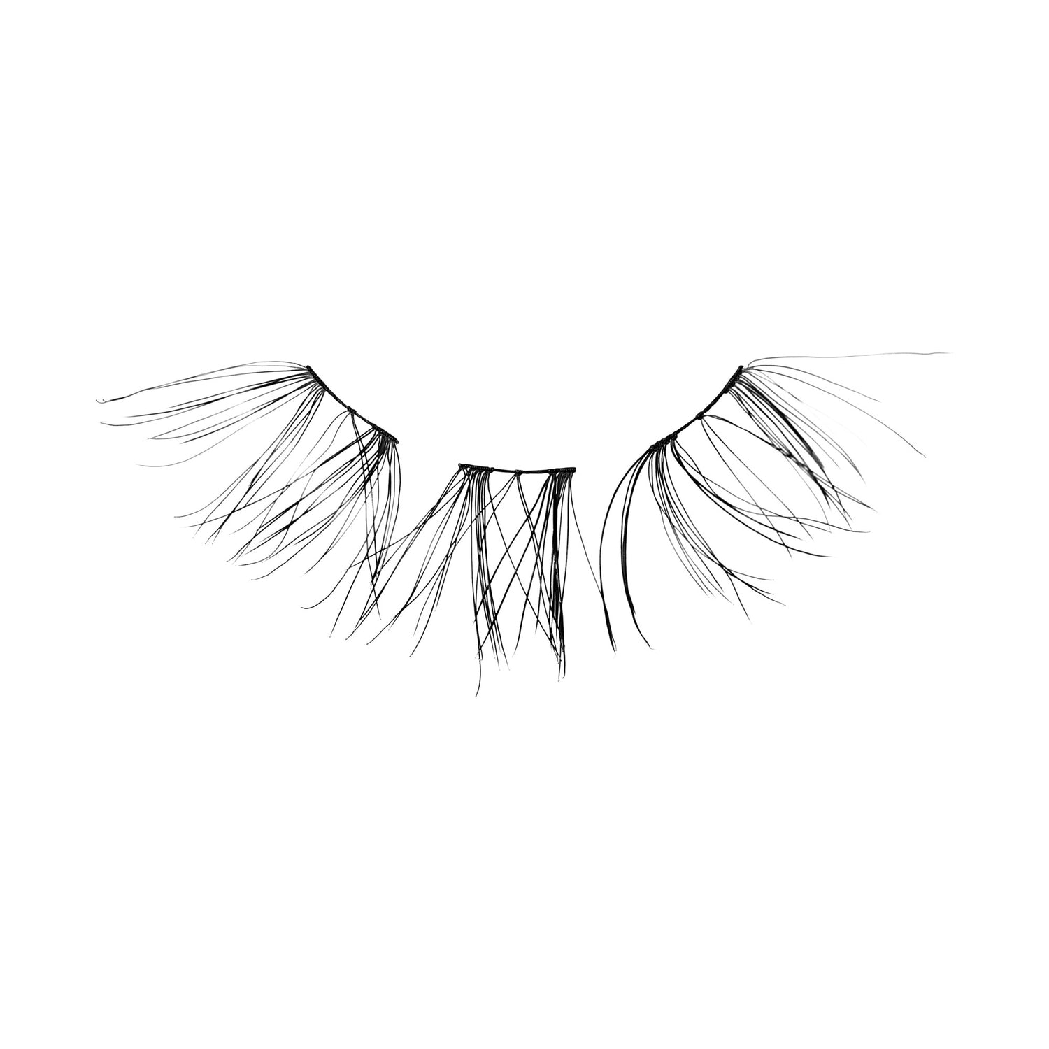 Delicate pair of black wispy false eyelash sections arranged in a fan shape on a white background, showing natural sparse styling.