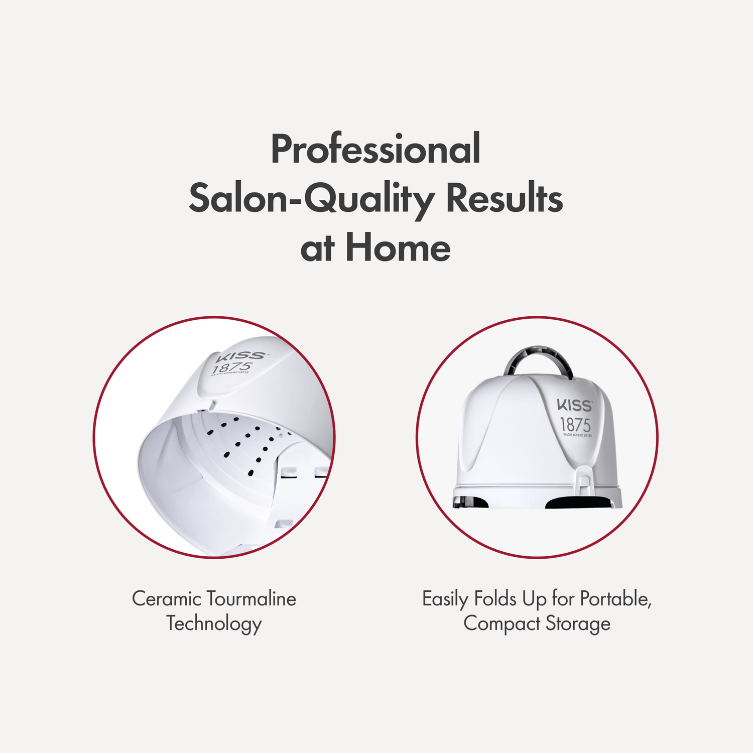 White KISS 1875W Salon Bonnet Hair Dryer shown in two close-ups: interior with ceramic tourmaline technology and folded compact design for portability. Text reads \