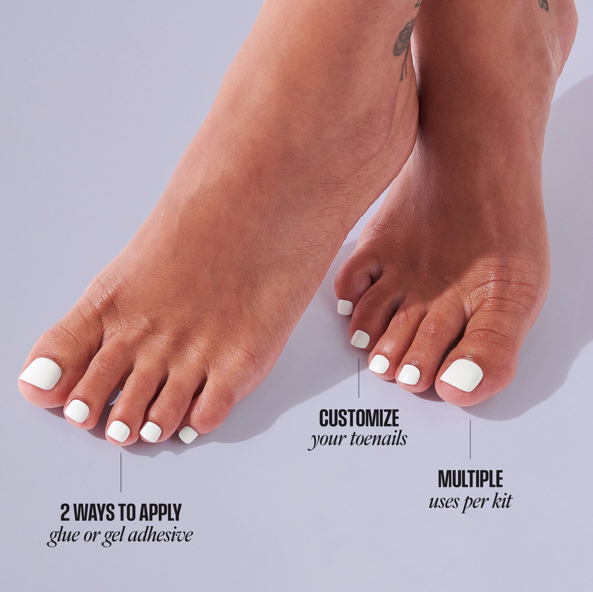White press-on toenails with application methods and customization options highlighted.