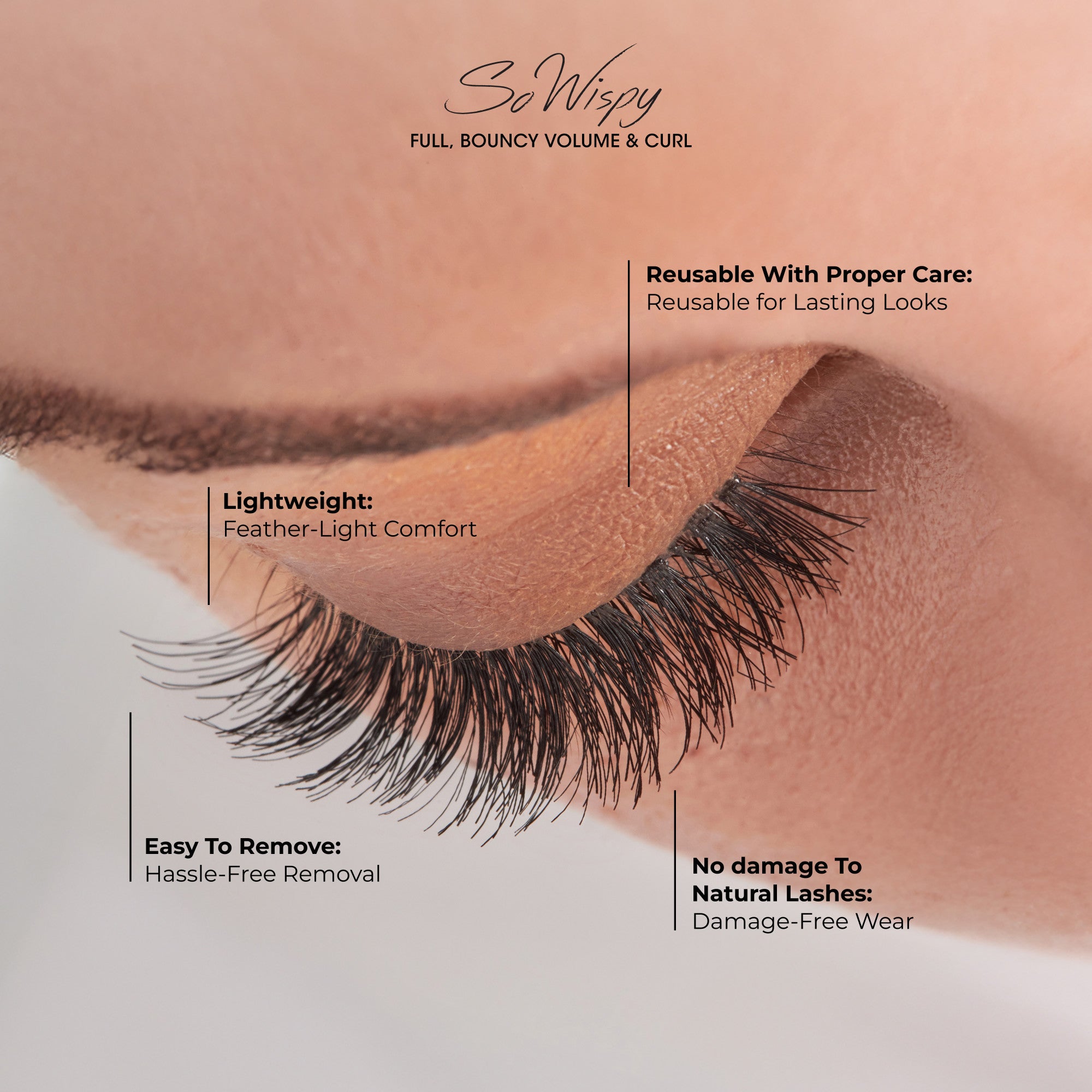 Close-up of a closed eye wearing black, full, bouncy, and curled false eyelashes with text highlighting feather-light comfort, reusable with care, easy removal, and damage-free wear.