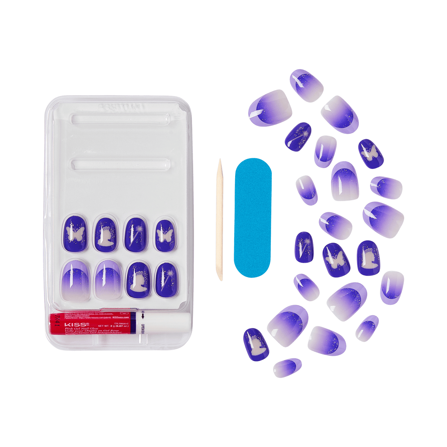 Set of purple ombre press-on nails with white silhouettes of butterflies and hats, includes nail glue, wooden stick, and blue nail file.