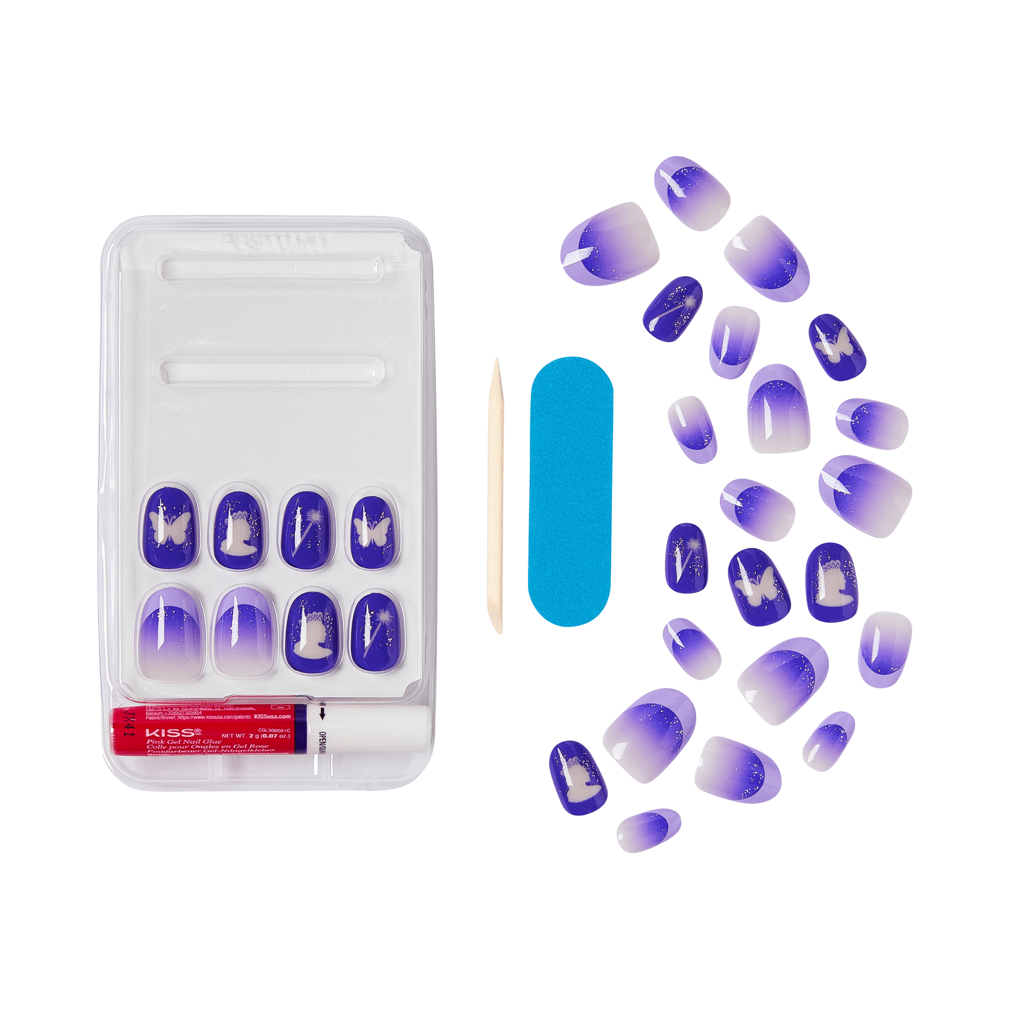 Set of purple ombre press-on nails with white silhouettes of butterflies and hats, includes nail glue, wooden stick, and blue nail file.