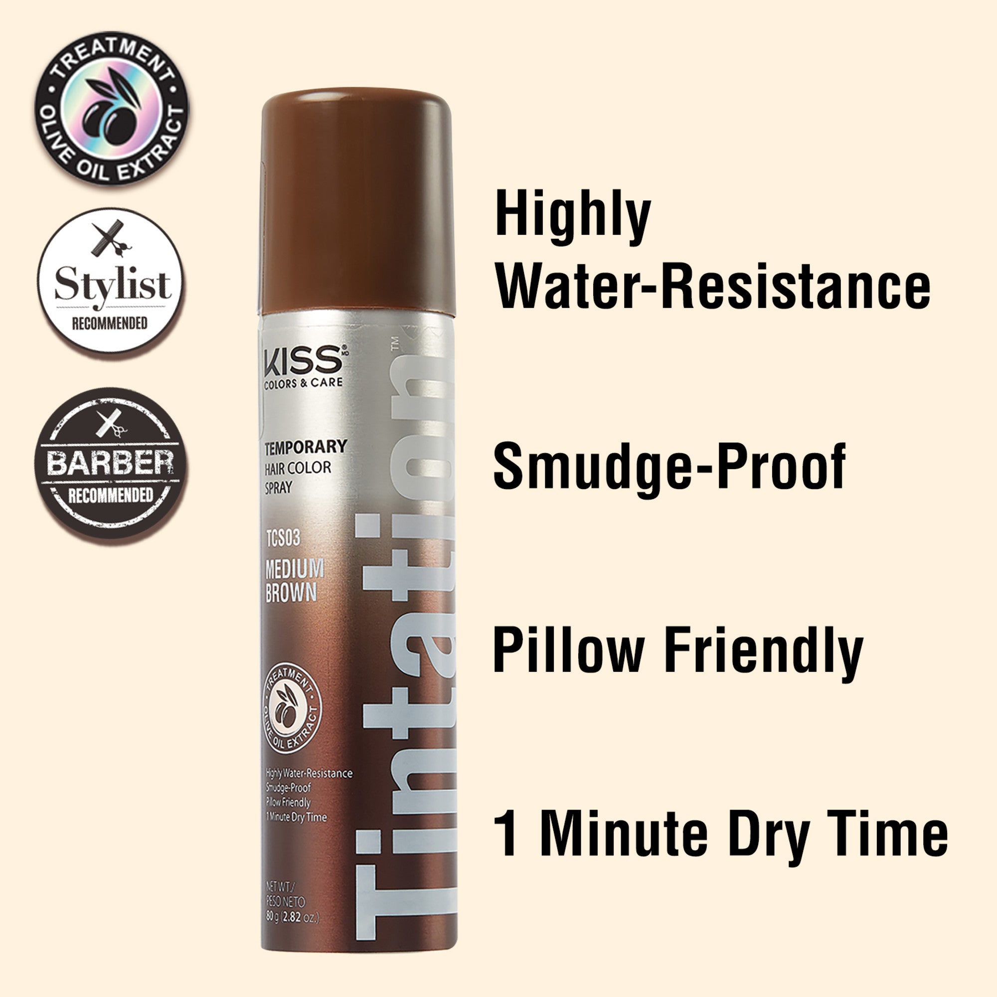 KISS Colors &amp; Care Tintation Spray in medium brown, tall aerosol can with brown cap; highlights water-resistant, smudge-proof, pillow friendly, and 1-minute dry time.