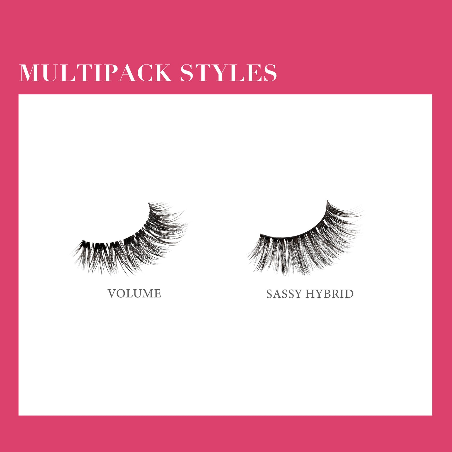 Two styles of black false eyelashes shown side by side on a white background with a pink border. Left pair labeled \