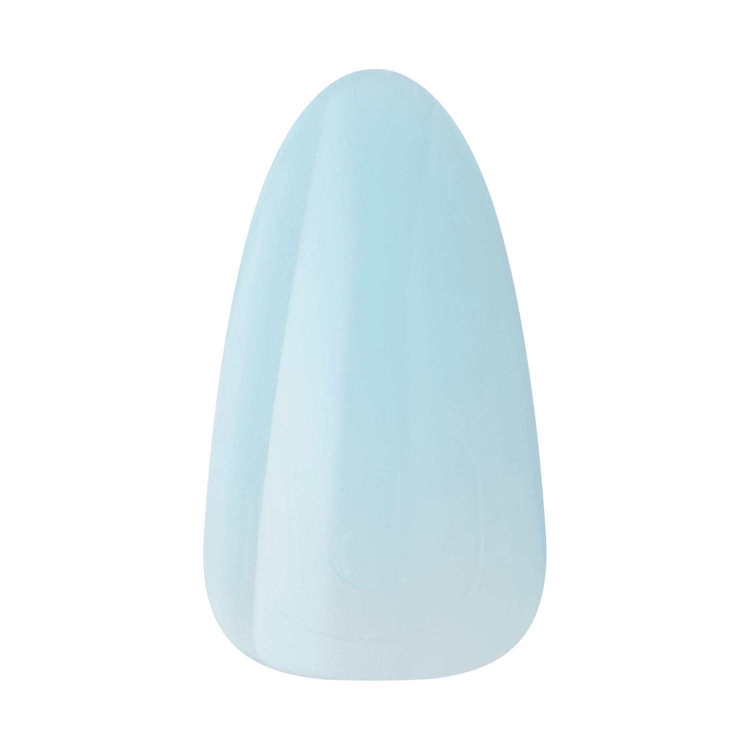 Single press-on gel nail in a glossy, light pastel blue shade with a rounded tip, shown against a transparent background.
