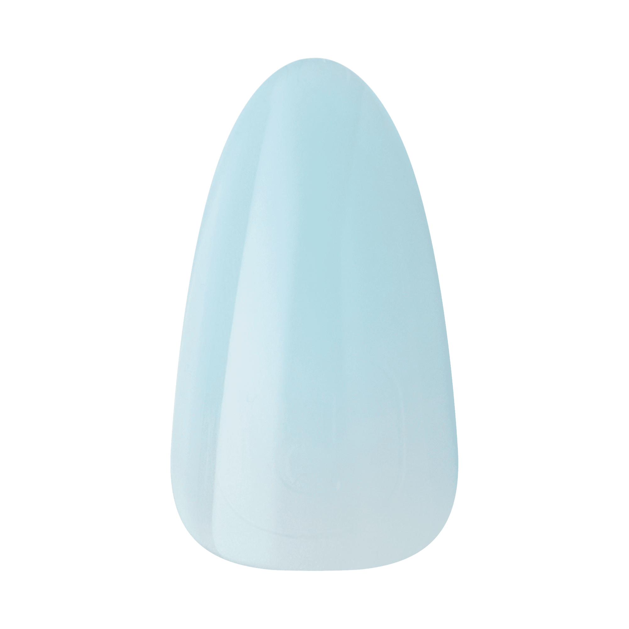 Single press-on gel nail in a glossy, light pastel blue shade with a rounded tip, shown against a transparent background.