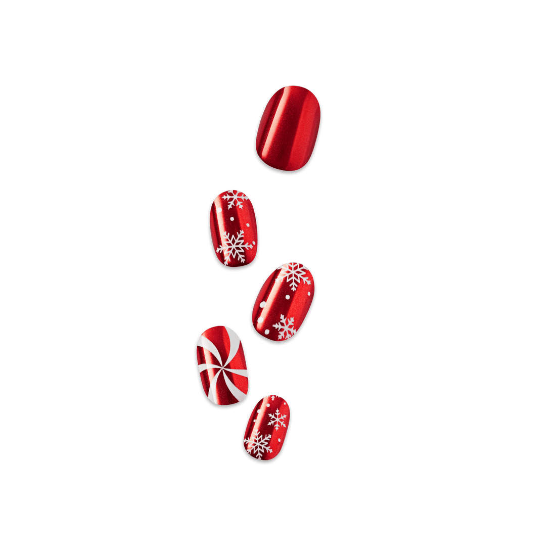 Red holiday nail polish designs with snowflakes and peppermint patterns
