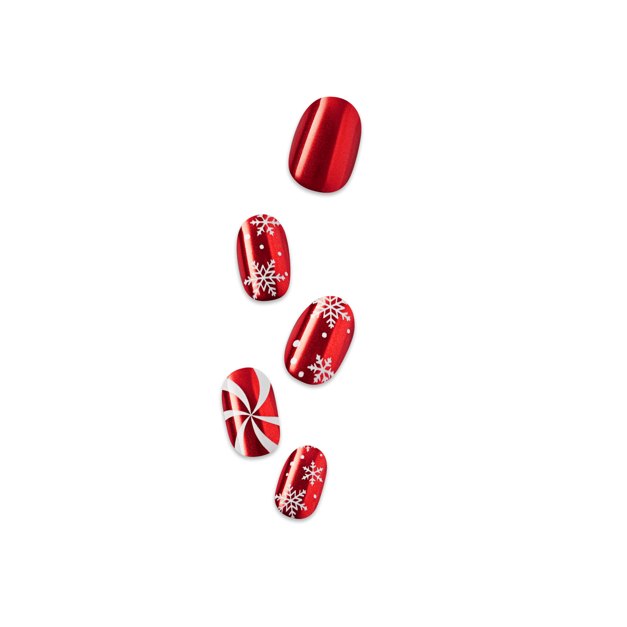 Red holiday nail polish designs with snowflakes and peppermint patterns