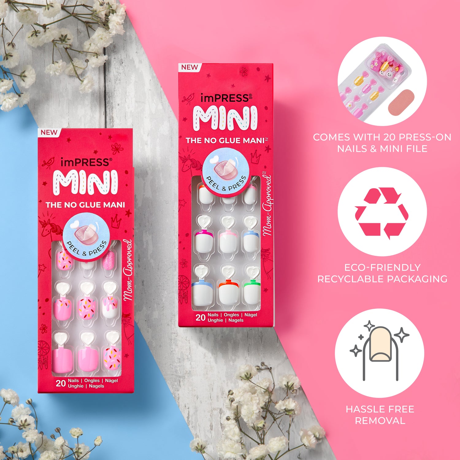 Two boxes of imPRESS MINI kids press-on nails in red packaging against a pink and blue background with flowers. Packaging highlights \