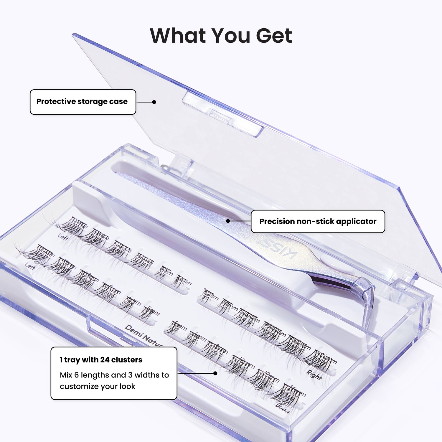 Eyelash extension kit with protective storage case, precision non-stick applicator, and tray with clusters.