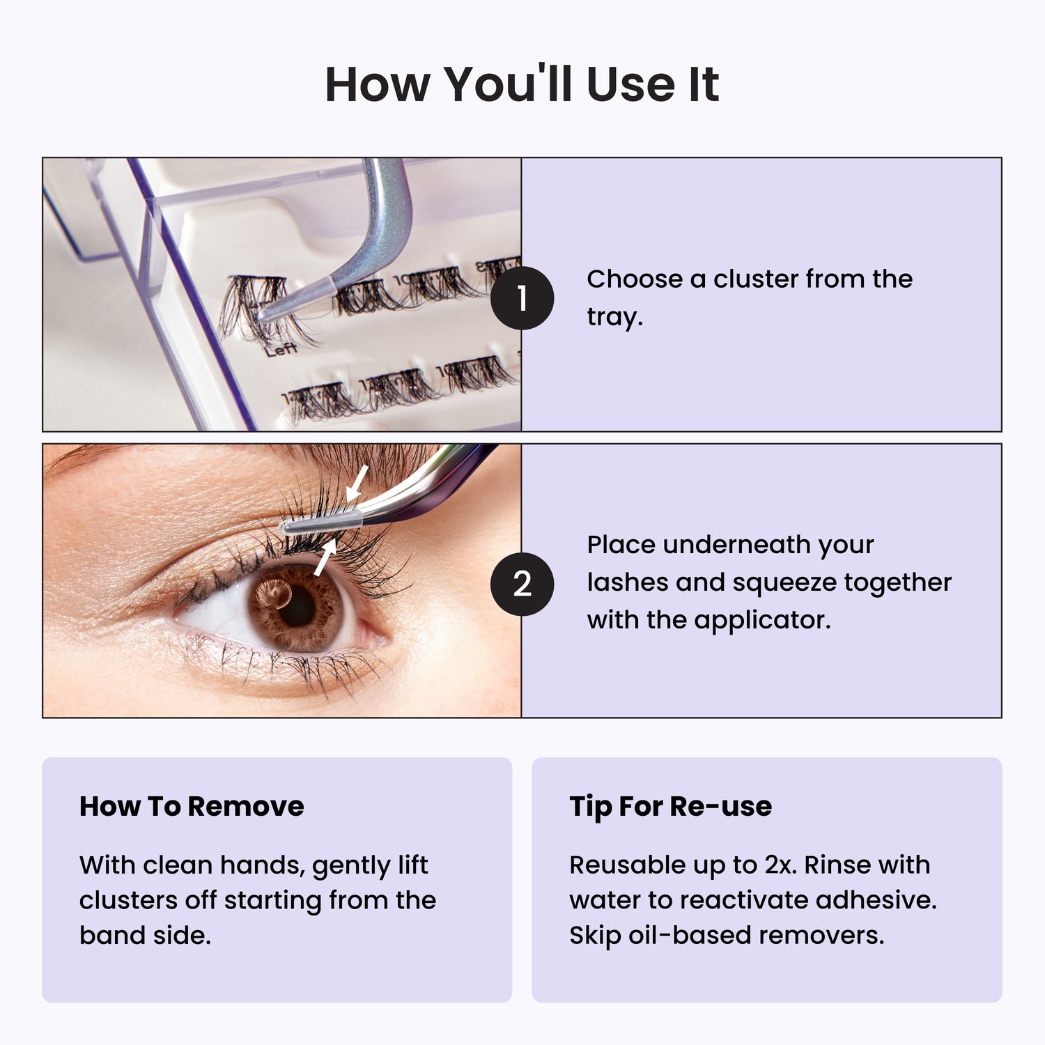 Instructions on how to use false eyelashes with images and text.