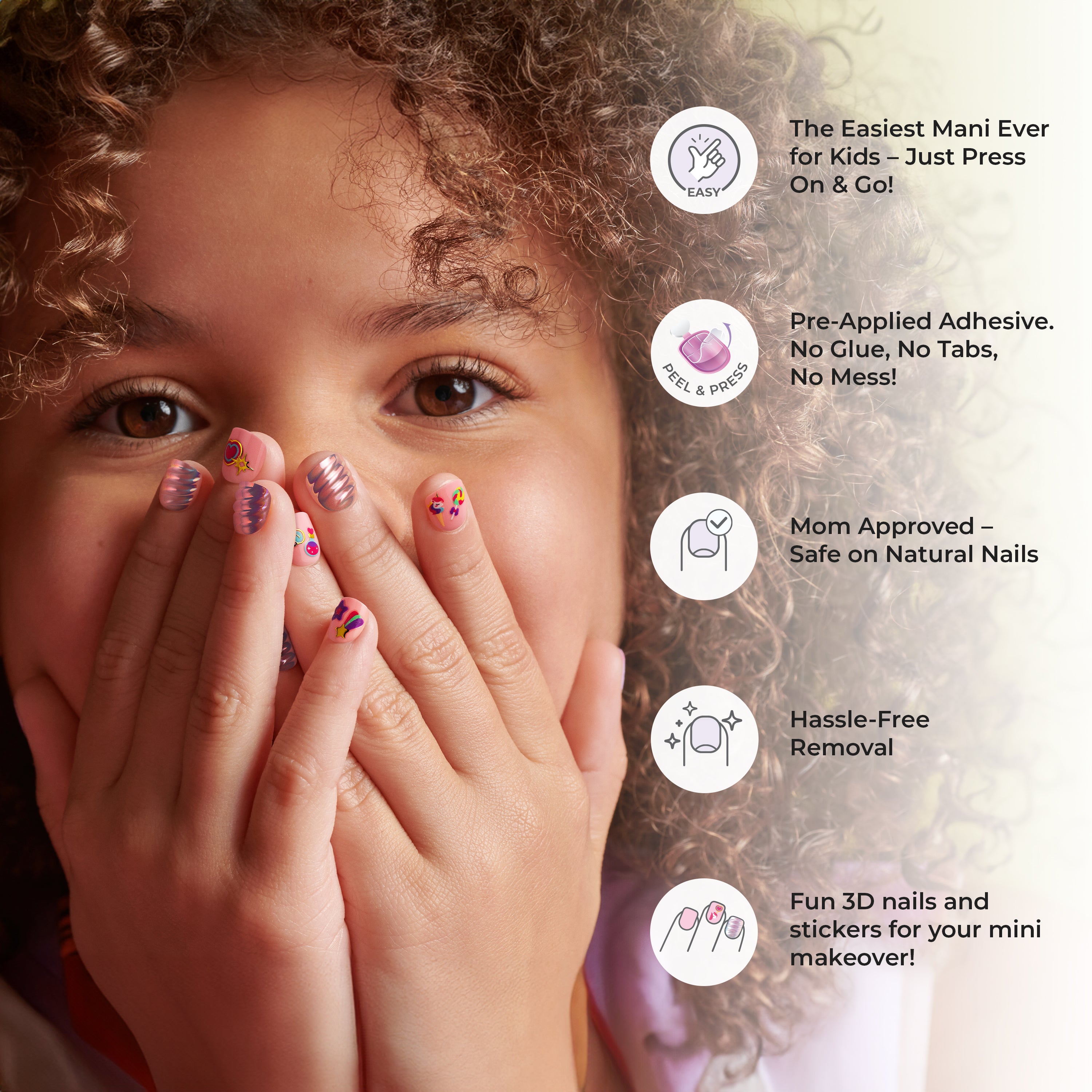 Young girl with curly hair shows hands with colorful 3D press-on nails and stickers, next to text highlighting easy, adhesive-free, mom-approved, hassle-free removal nail kit.