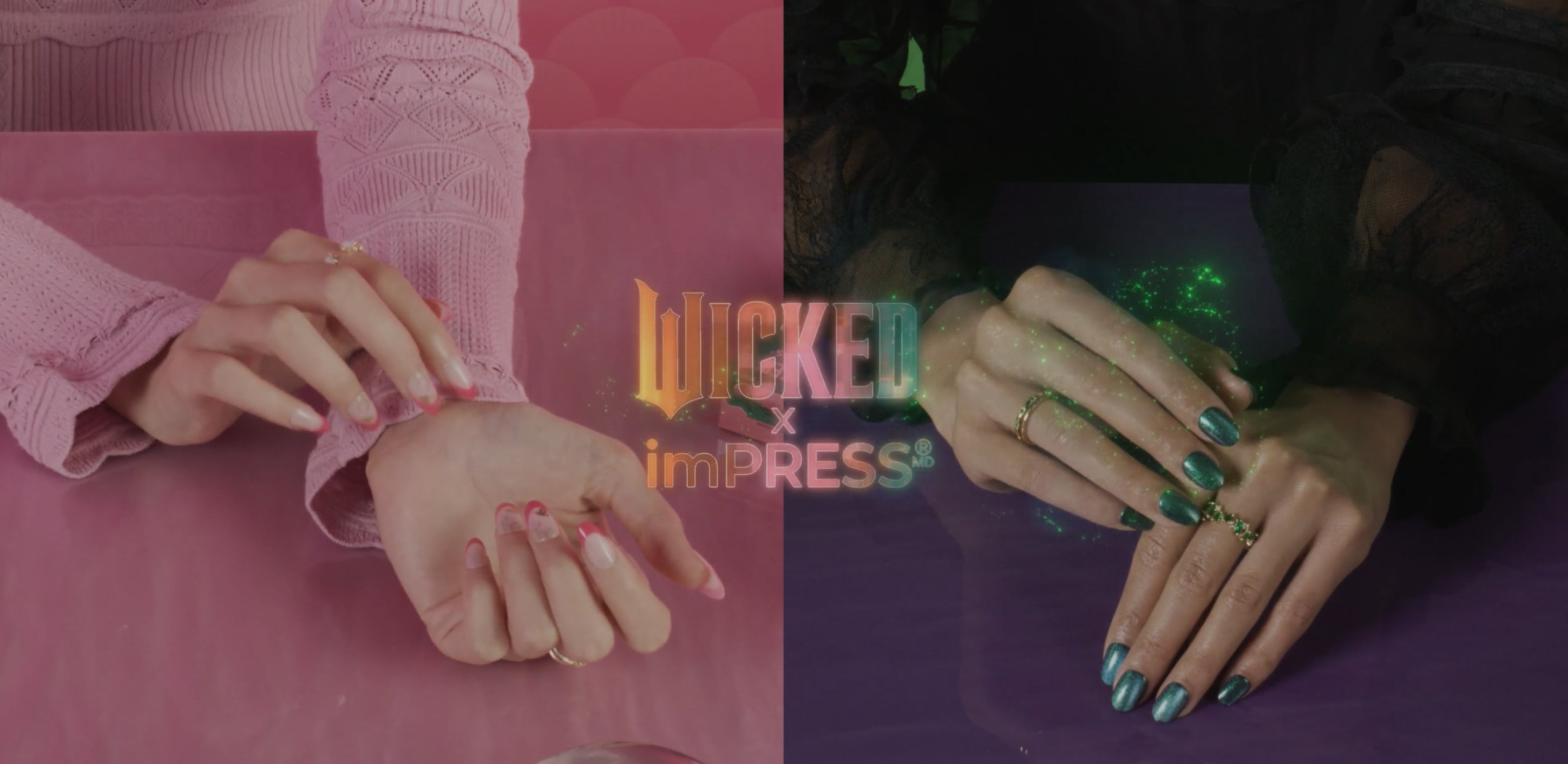 imPRESS Nails Wicked collection: pink and green press-on manis displayed on hands with application instructions.