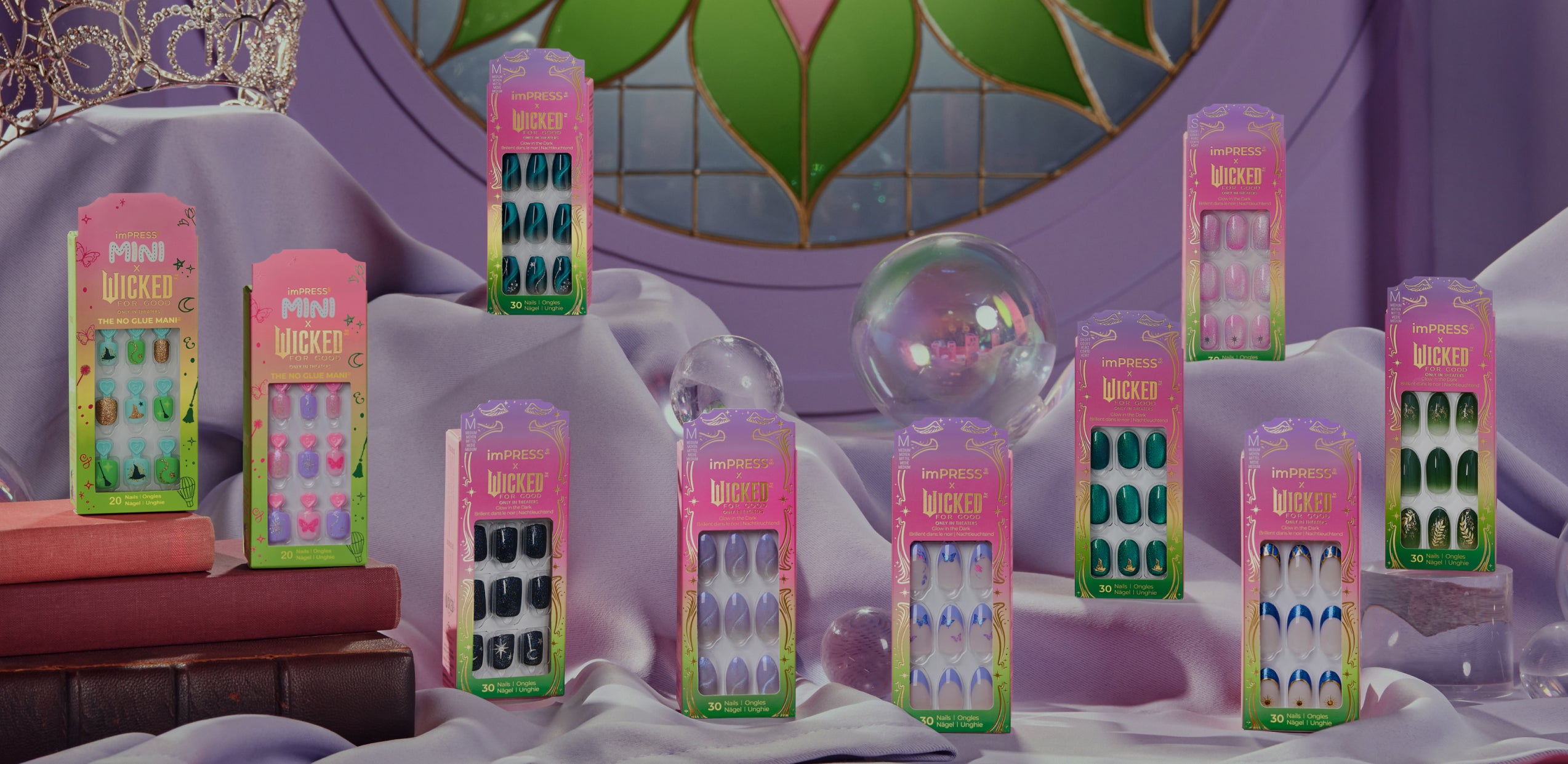 imPRESS Wicked press-on nail sets displayed in pink and green packaging on purple backdrop.