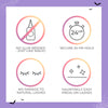 Four circular icons with gradient borders on a white background framed by a purple border with small bats and spiderwebs. Icons highlight features: no glue needed, secure 24-hour hold, no damage to natural lashes, and easy press-on lashes.