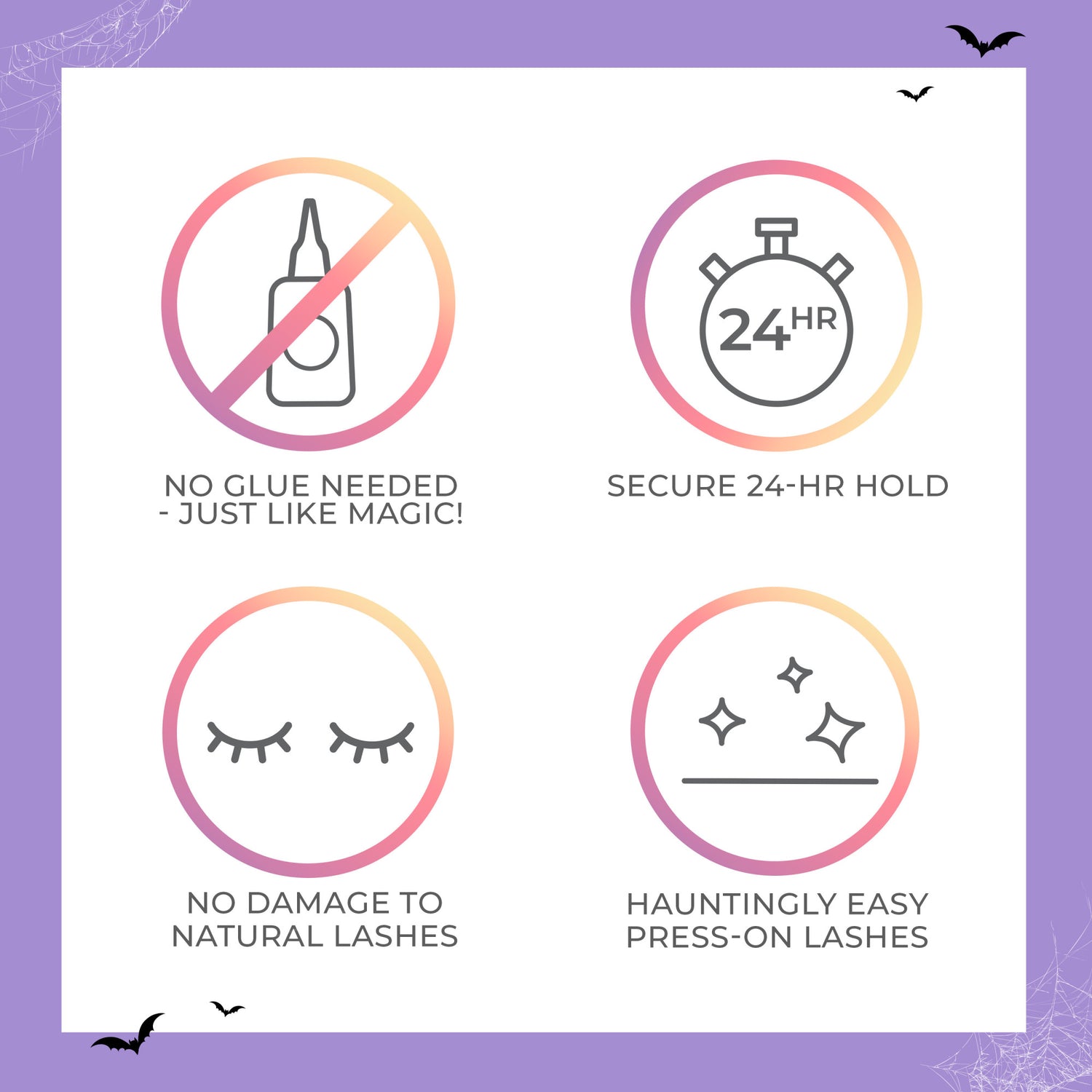 Four circular icons with gradient borders on a white background framed by a purple border with small bats and spiderwebs. Icons highlight features: no glue needed, secure 24-hour hold, no damage to natural lashes, and easy press-on lashes.